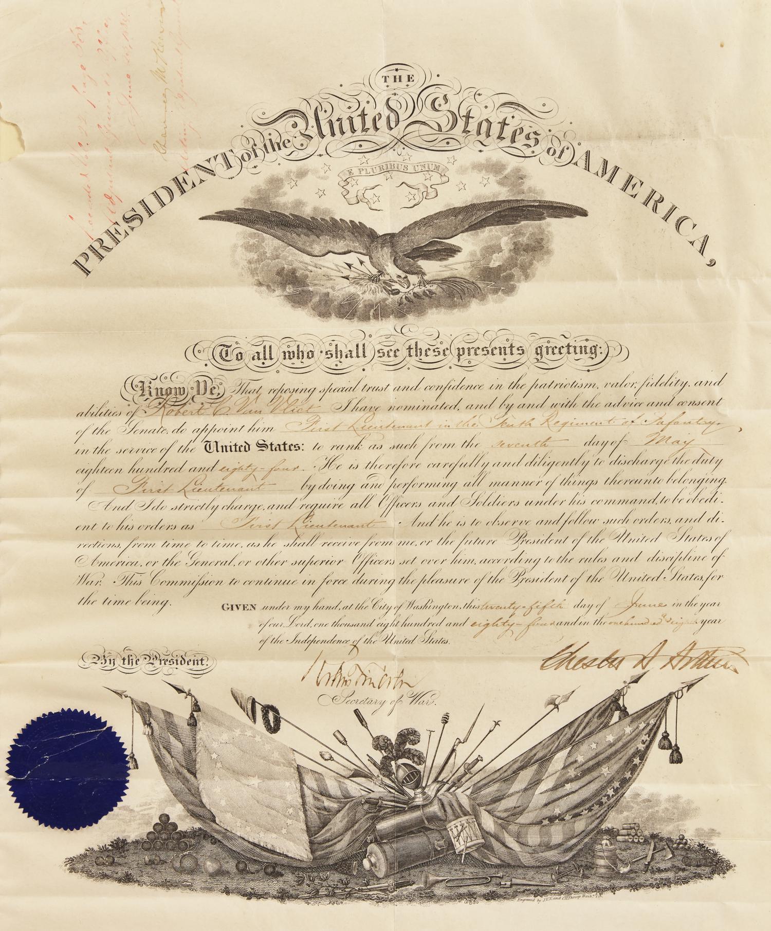 [Presidential] Arthur, Chester A. Partially-Printed Military Commission, signed