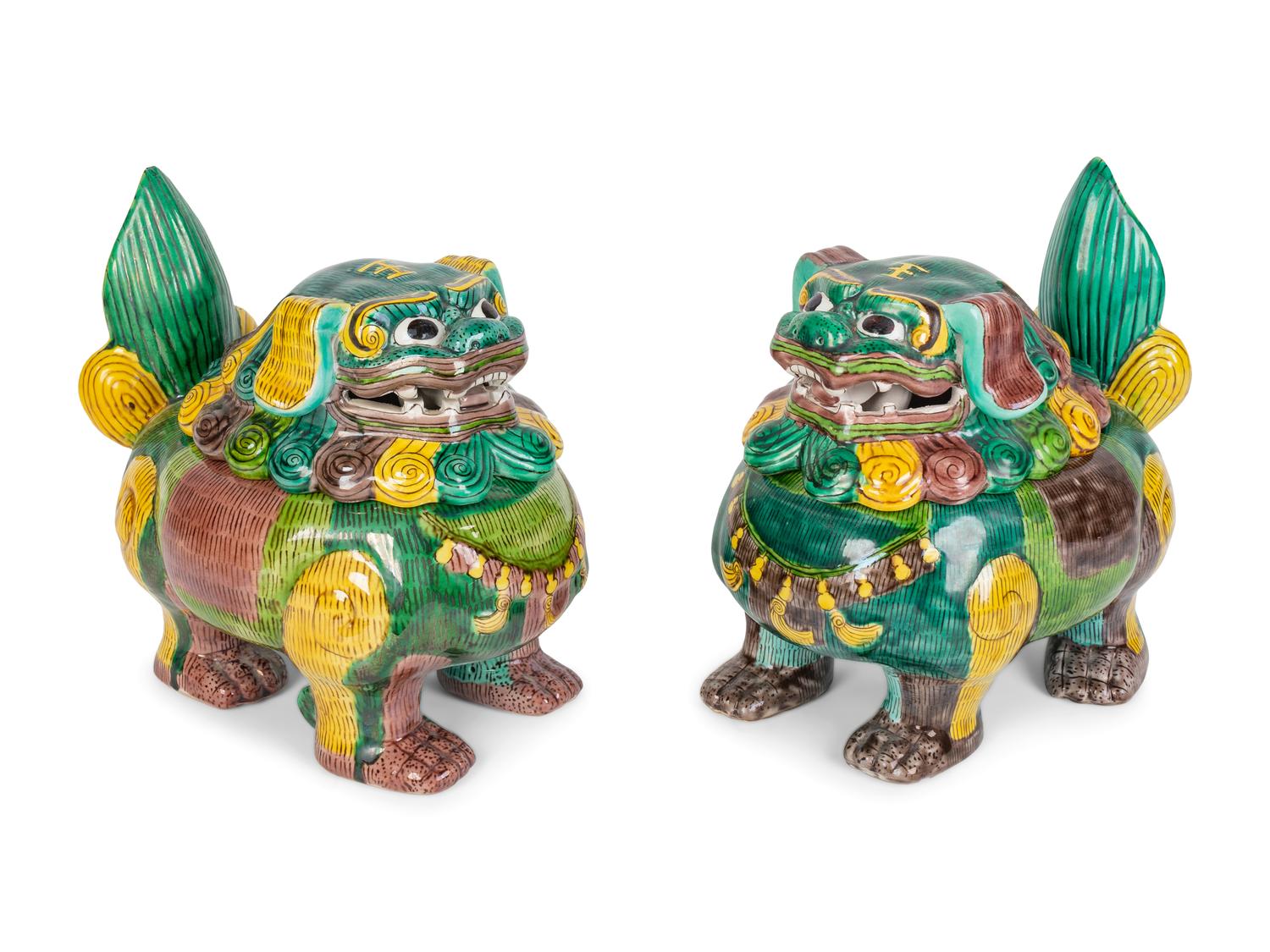 A Pair of Chinese Sancai Glazed Porcelain Mythical Beast-Form Incense Burners — 19TH CENTURY