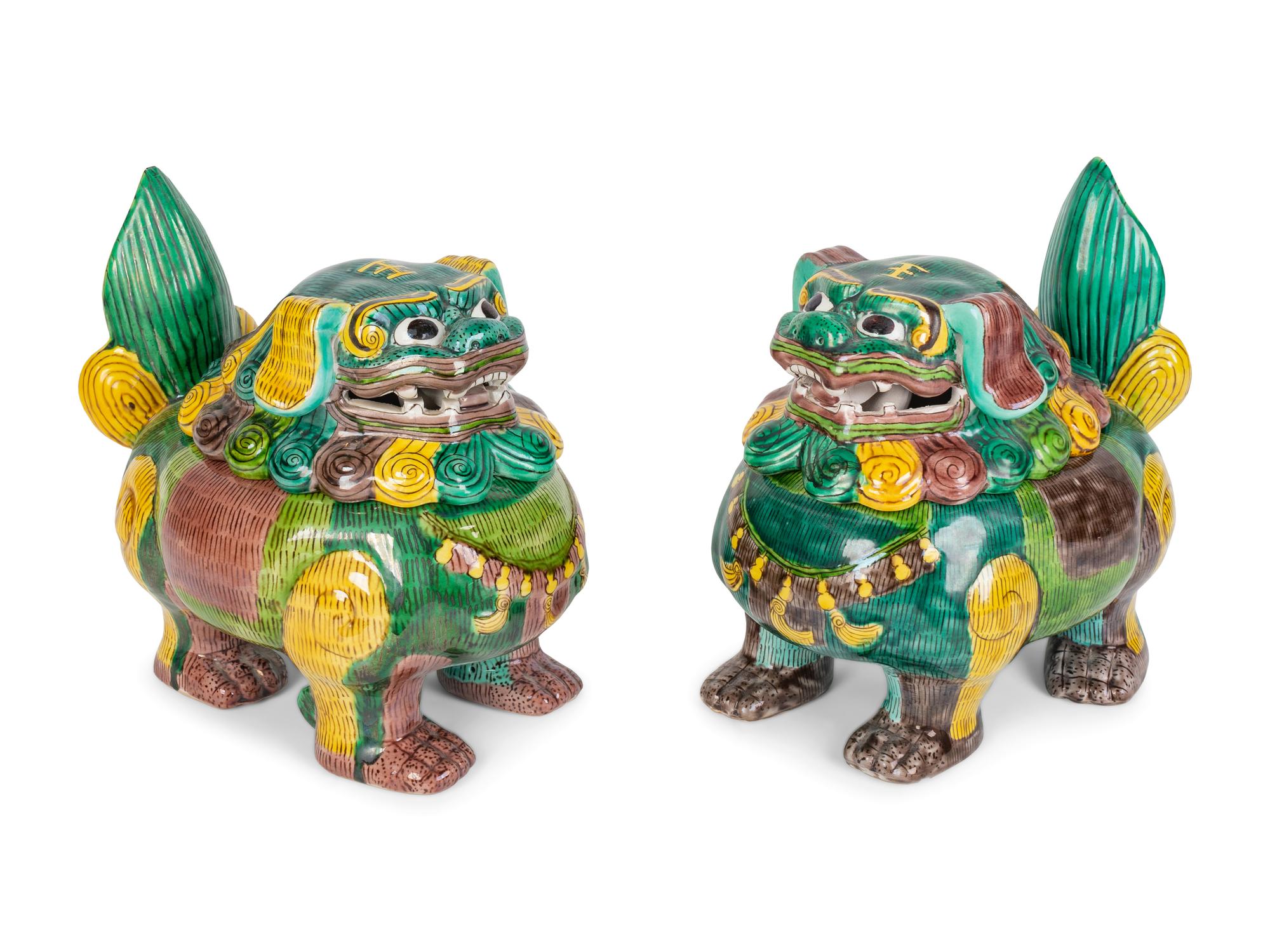 A Pair of Chinese Sancai Glazed Porcelain Mythical Beast-Form Incense Burners — 19TH CENTURY