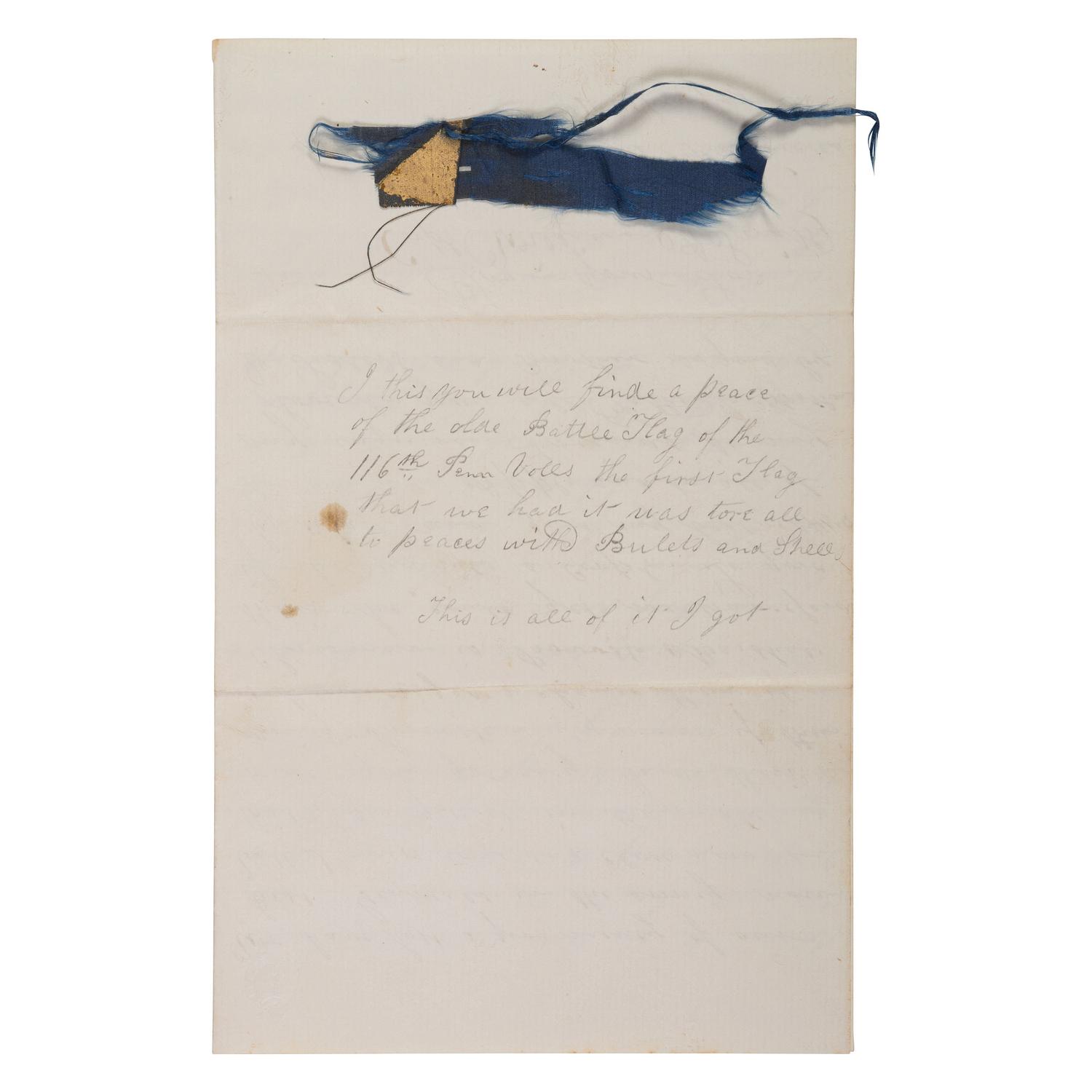 [Civil War]. War-date letter and "Battle Flag" fragment from Corporal William A. Smith, 116th Pennsylvania Regiment, part of the famed Irish Brigade.