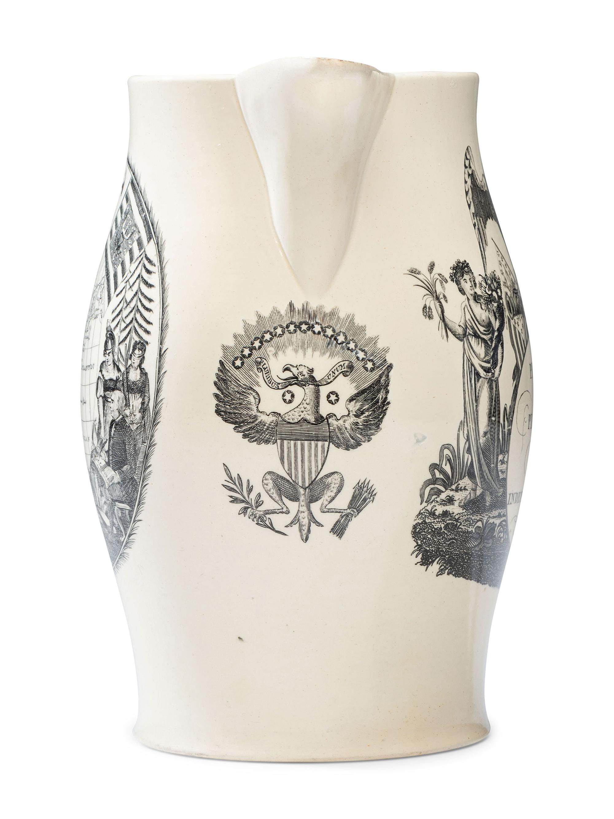 A Liverpool Transfer-Printed Creamware 'Peace, Plenty, and Independence' Pitcher