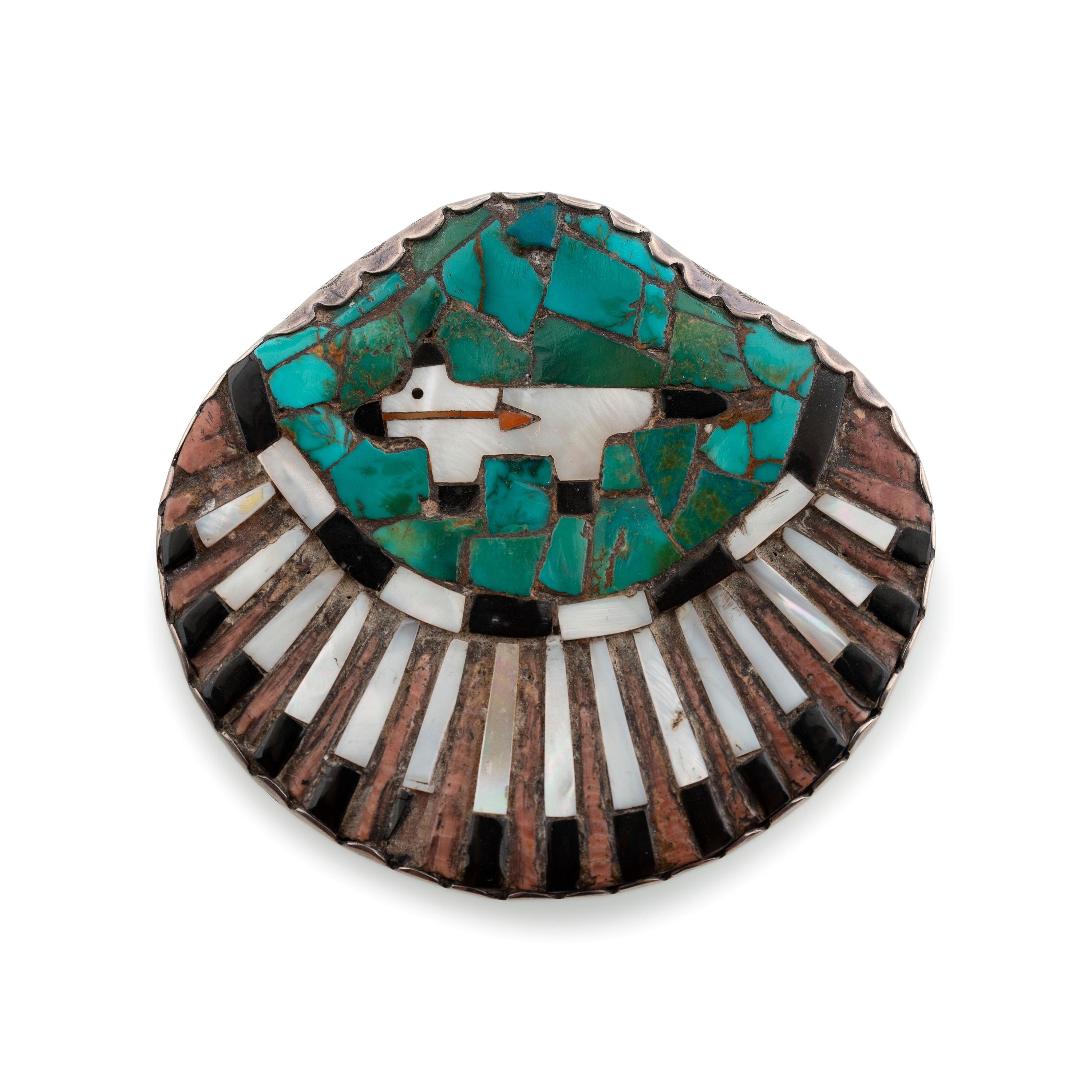 Shell-Shaped Sterling Silver Lidded Box, with Mosaic Inlay and Heartline Bear