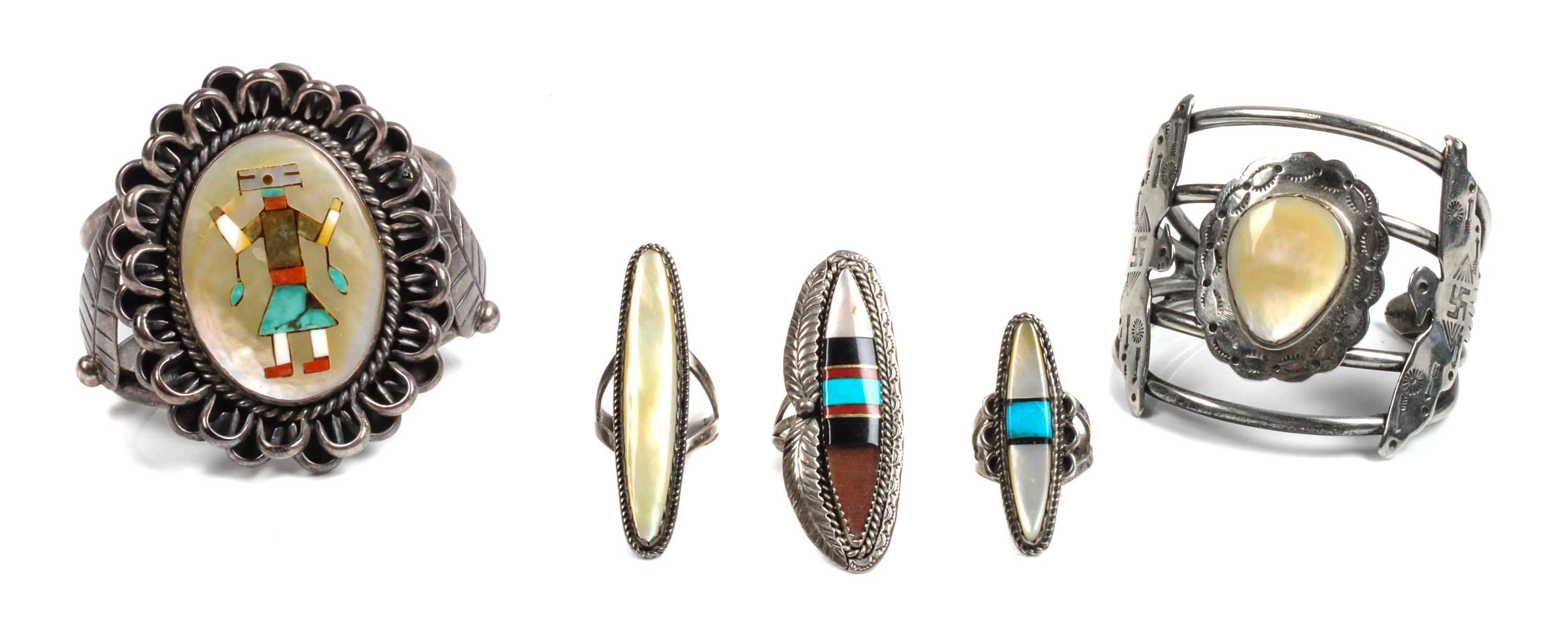 Two Southwestern Silver and Mother of Pearl Bracelets Length of larger bracelet 5 1/8 x opening 1 1/8 x width 2 5/8 inches