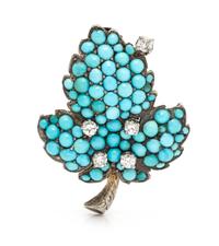 A Gilt Silver, Turquoise and Diamond Leaf Motif Brooch, 3.30 dwts.