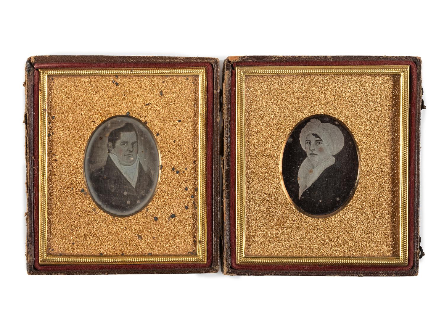 [EARLY PHOTOGRAPHY]. A pair of daguerreotypes of folk art painted portraits, comprising: