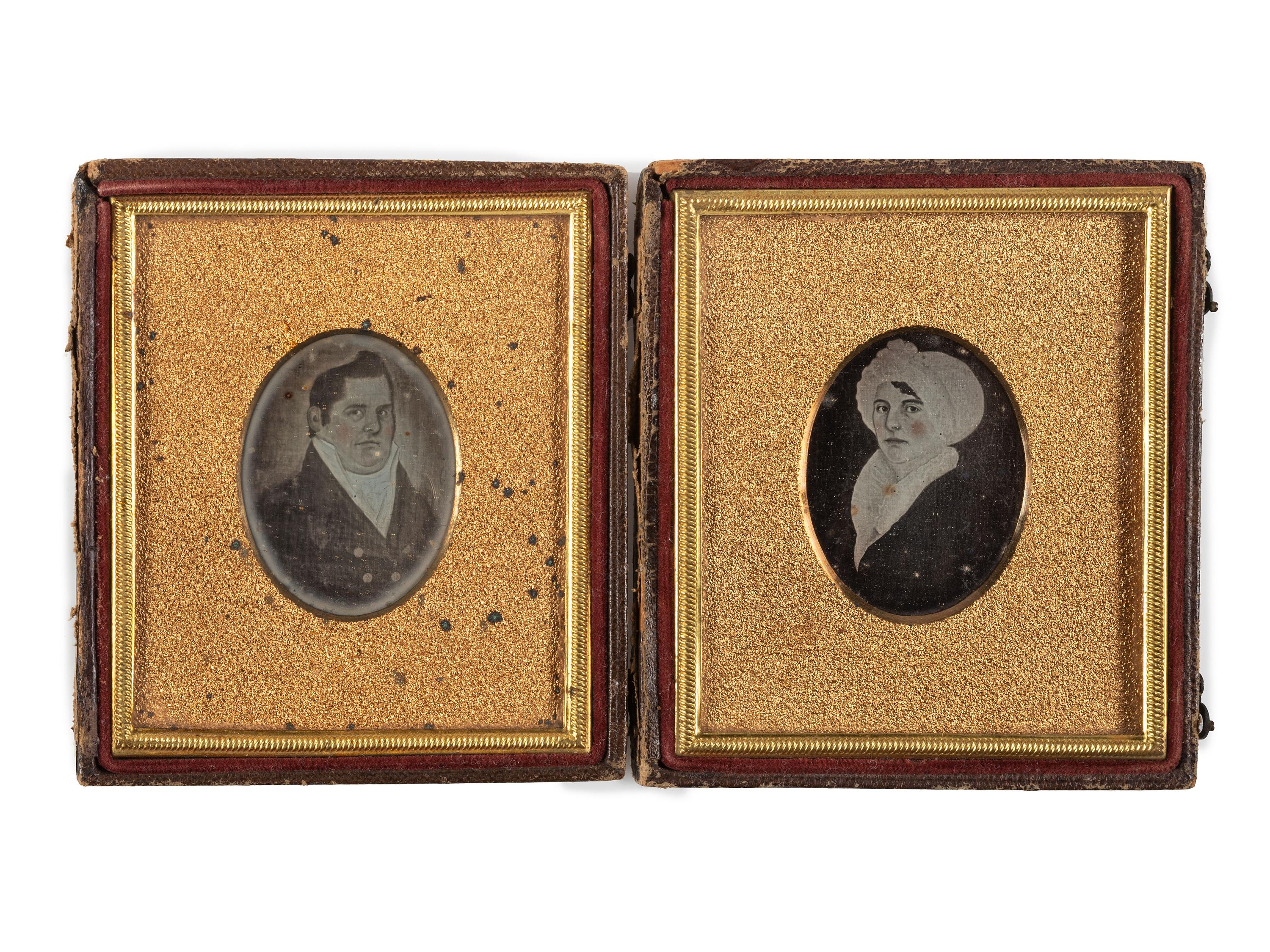 [EARLY PHOTOGRAPHY]. A pair of daguerreotypes of folk art painted portraits, comprising: