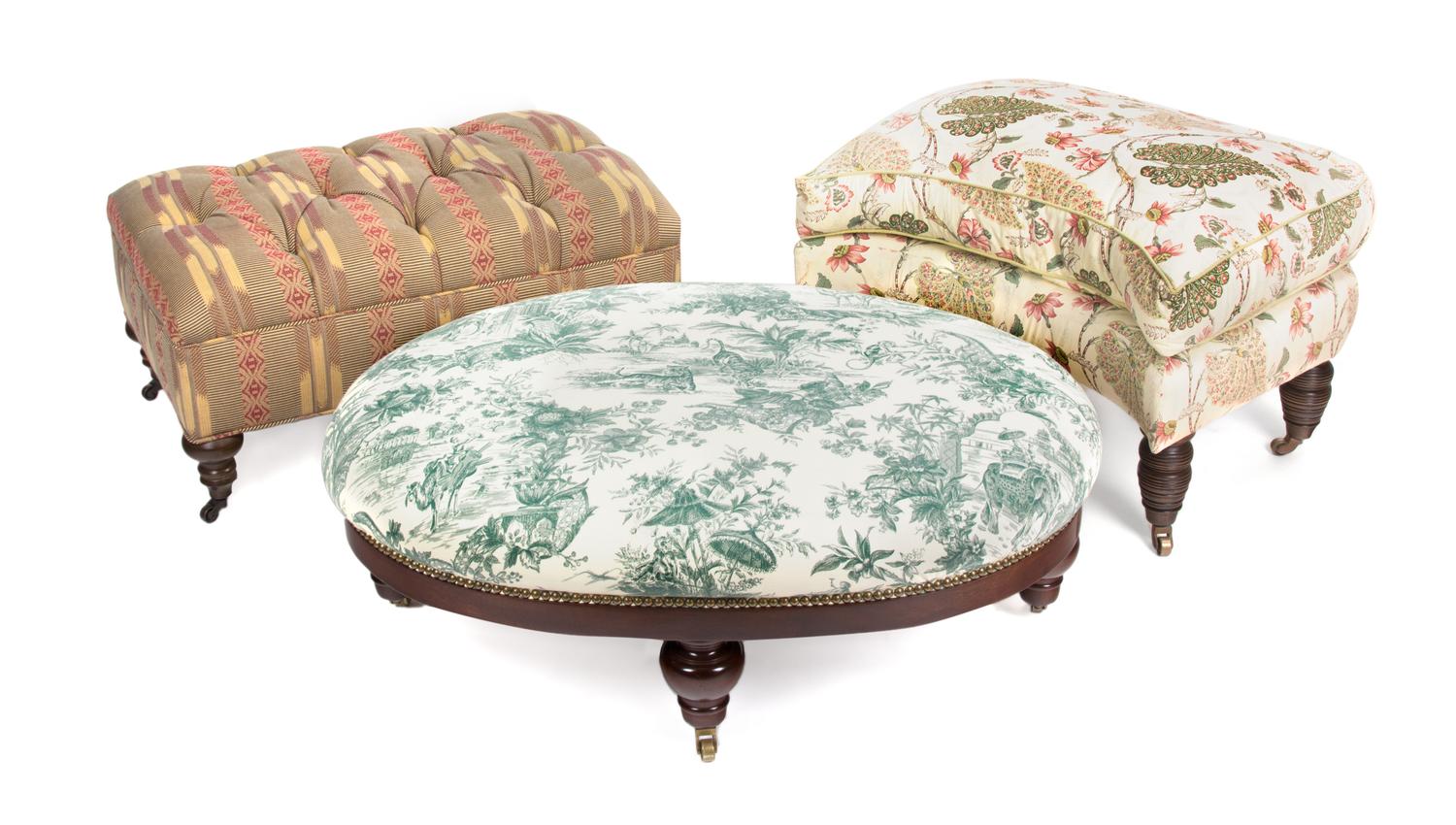 Three Victorian Style Mahogany Upholstered Ottomans Height of largest 16 inches.