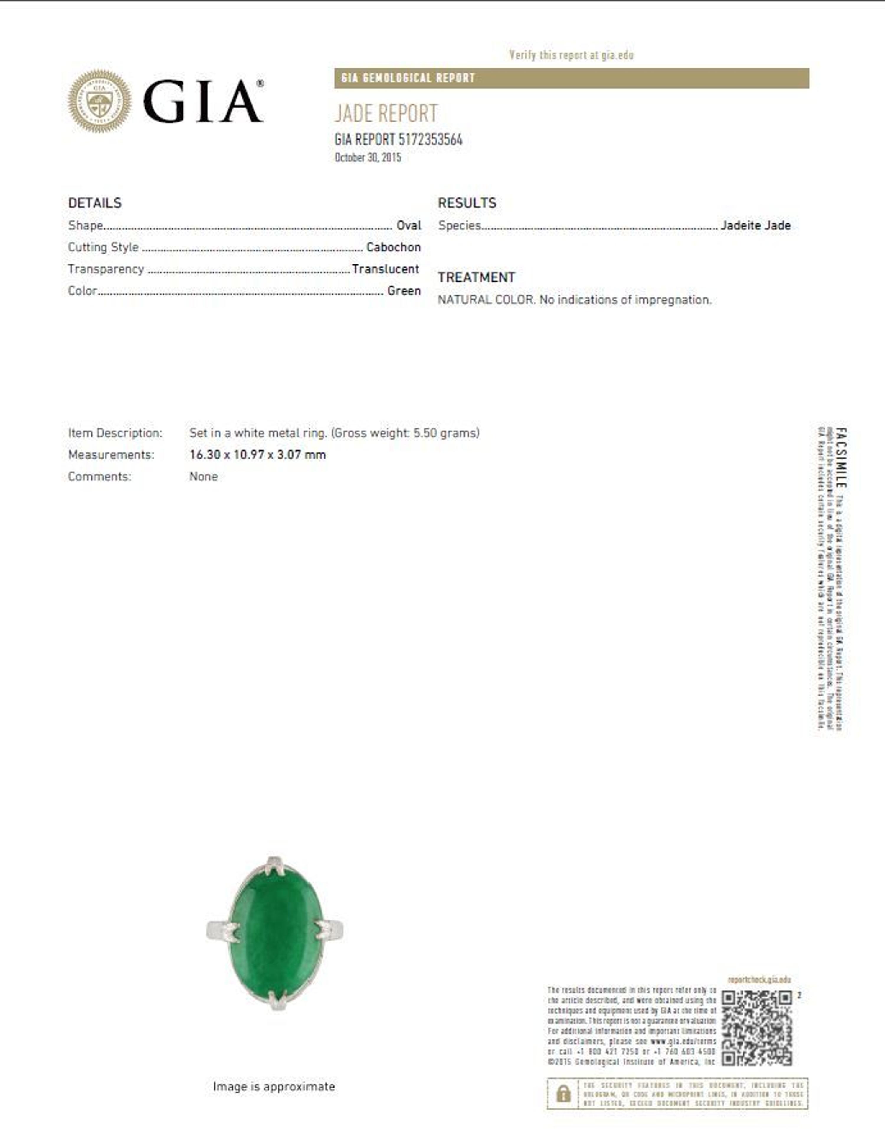 A White Gold and Jadeite Jade Ring, 3.50 dwts.