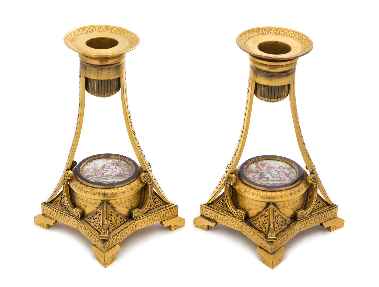A Pair of Porcelain Mounted Gilt Bronze Candlesticks Height 6 1/2 inches.