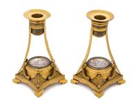 A Pair of Porcelain Mounted Gilt Bronze Candlesticks Height 6 1/2 inches.