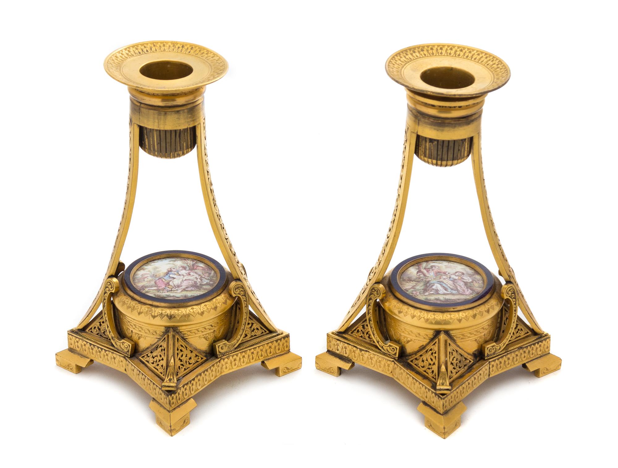 A Pair of Porcelain Mounted Gilt Bronze Candlesticks Height 6 1/2 inches.