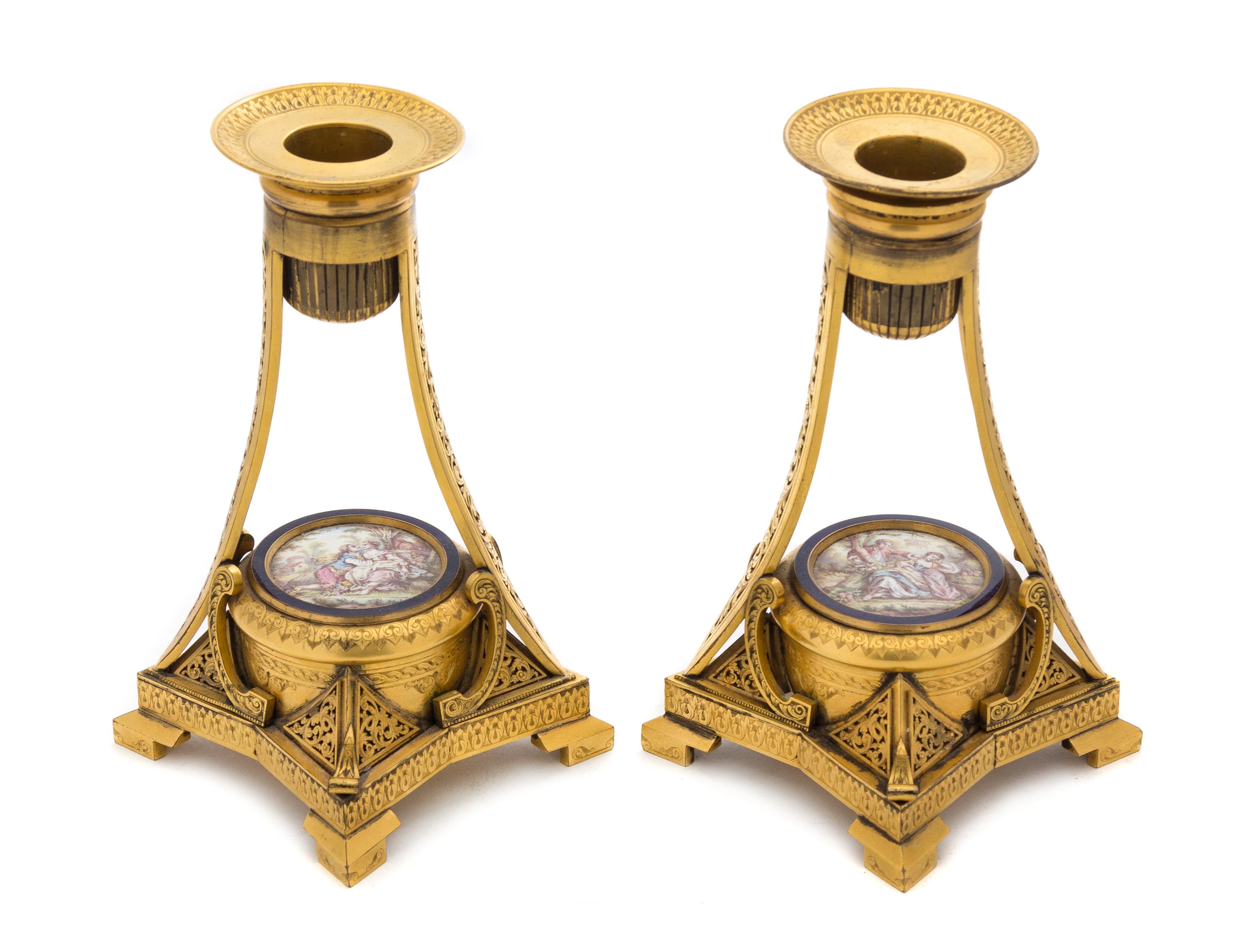 A Pair of Porcelain Mounted Gilt Bronze Candlesticks Height 6 1/2 inches.