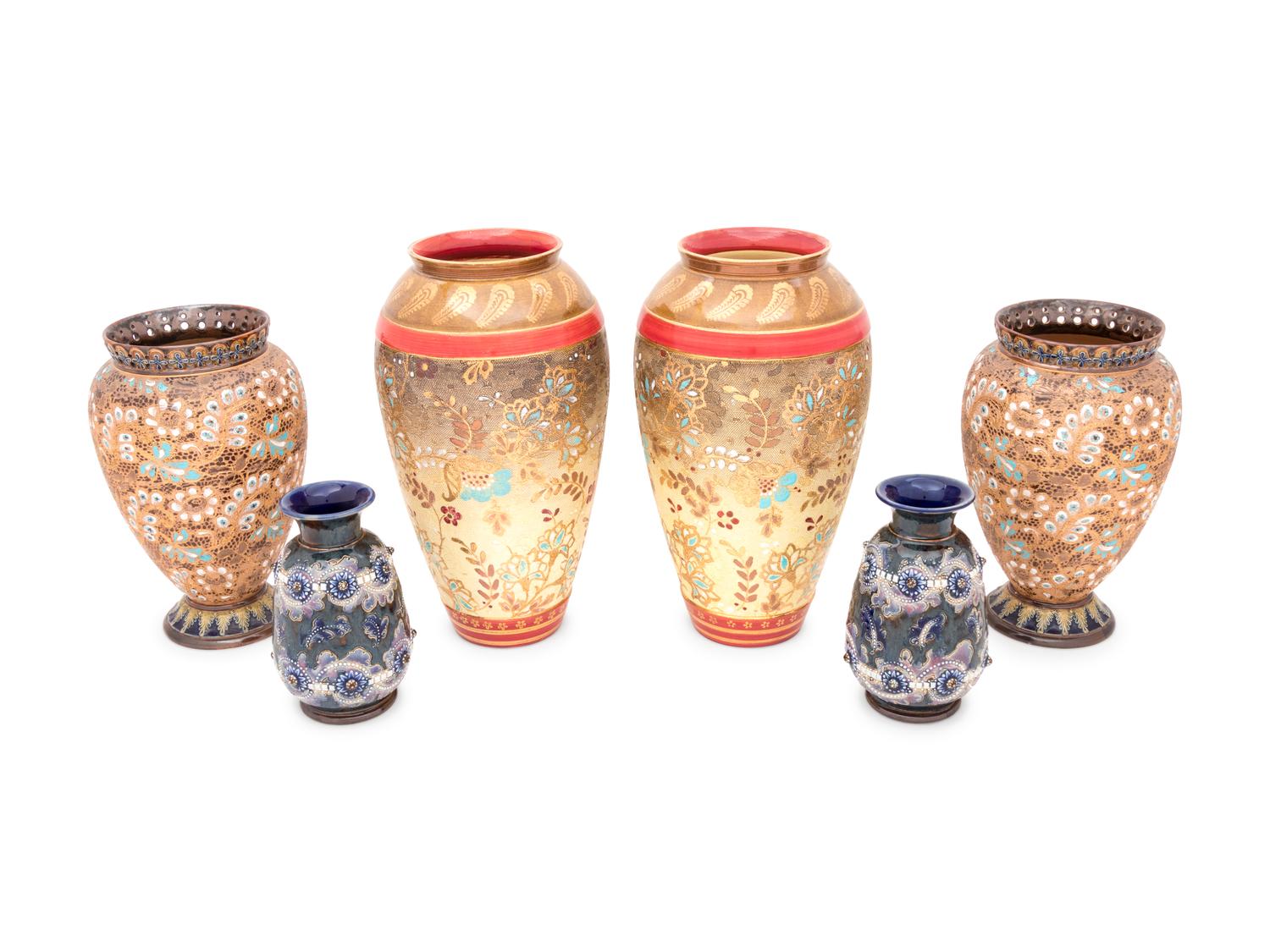 Three Pairs of Doulton Lambeth Stoneware Vases