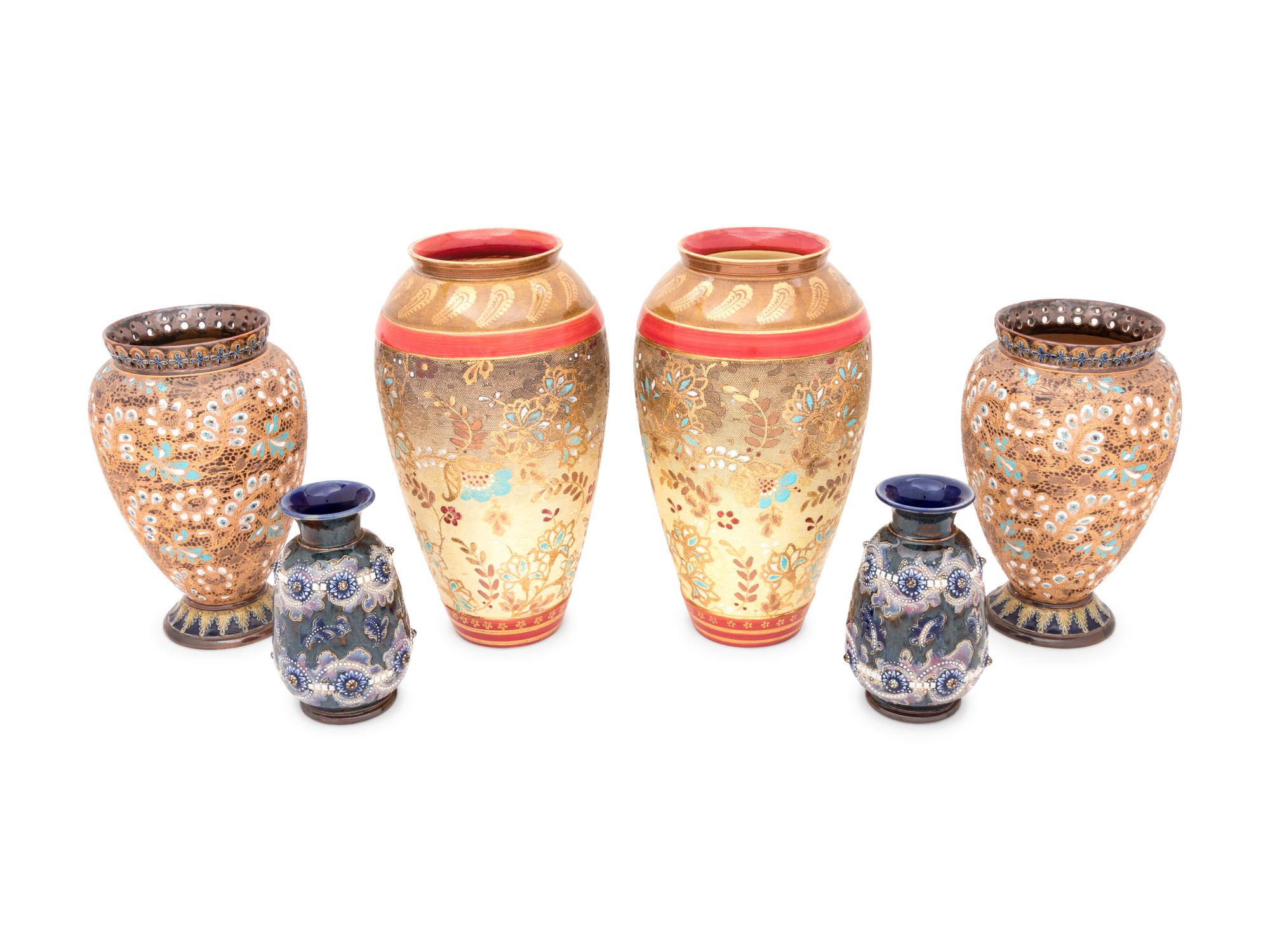 Three Pairs of Doulton Lambeth Stoneware Vases