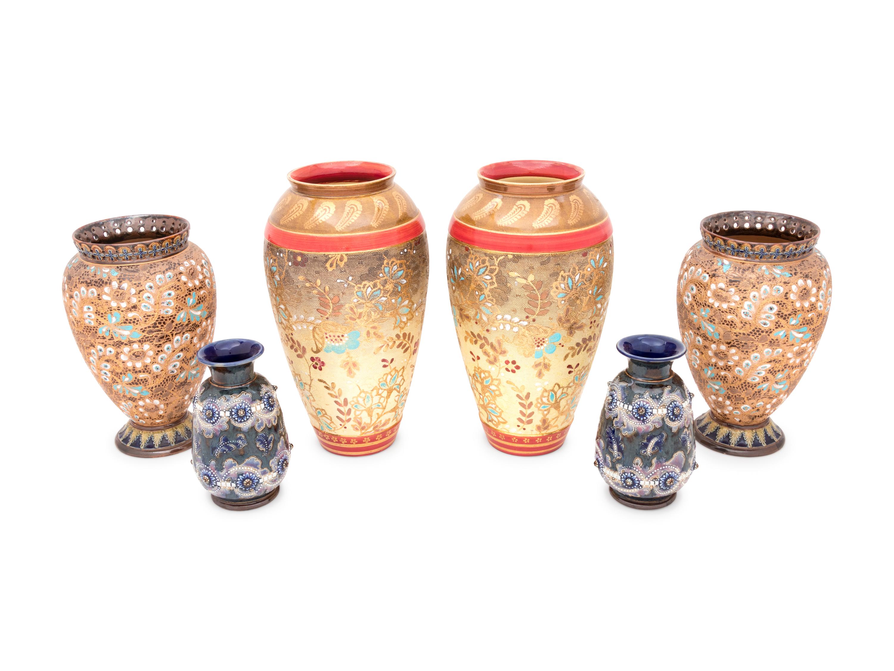Three Pairs of Doulton Lambeth Stoneware Vases