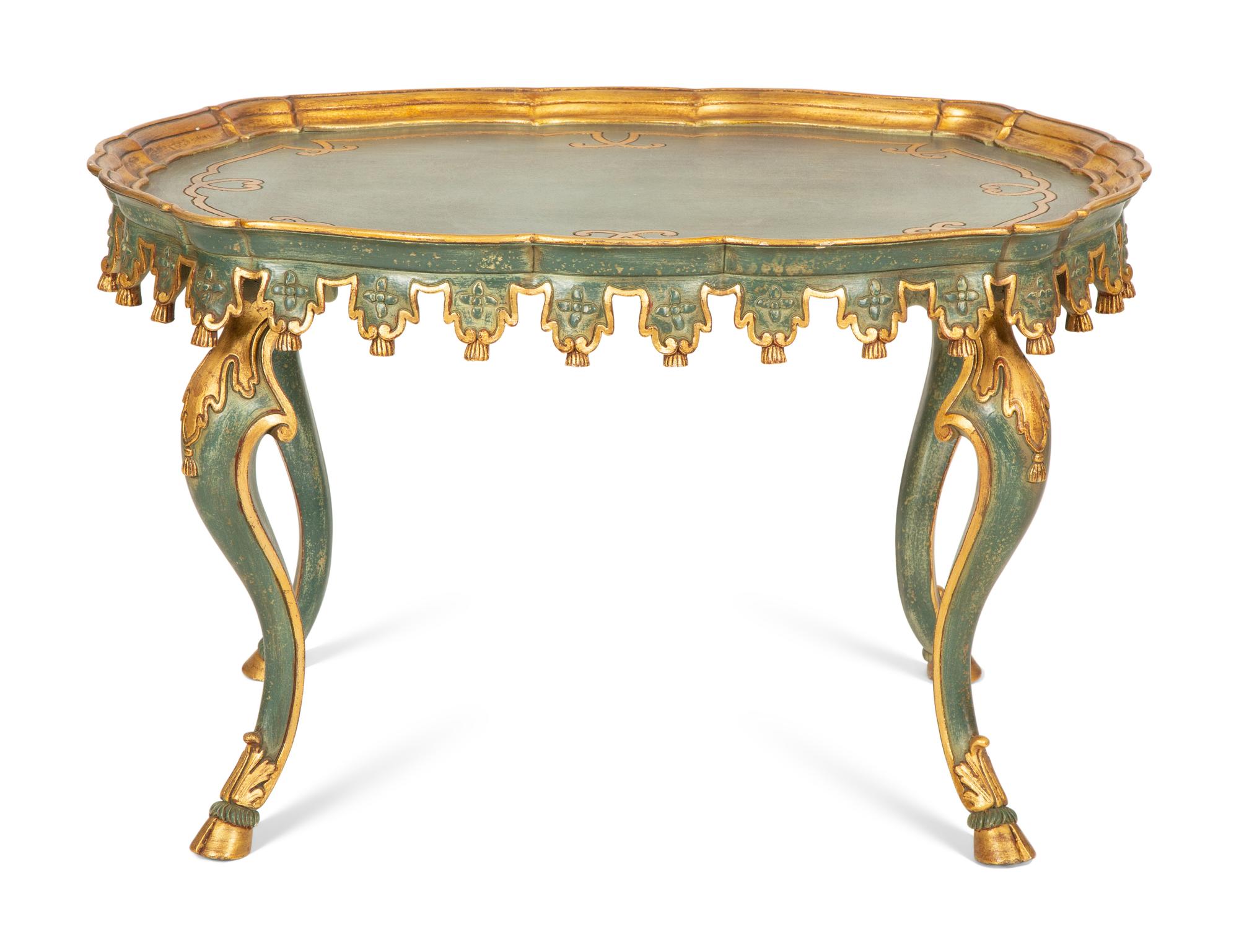 A Venetian Style Green-Painted and Parcel Gilt Tray-Top Low Table