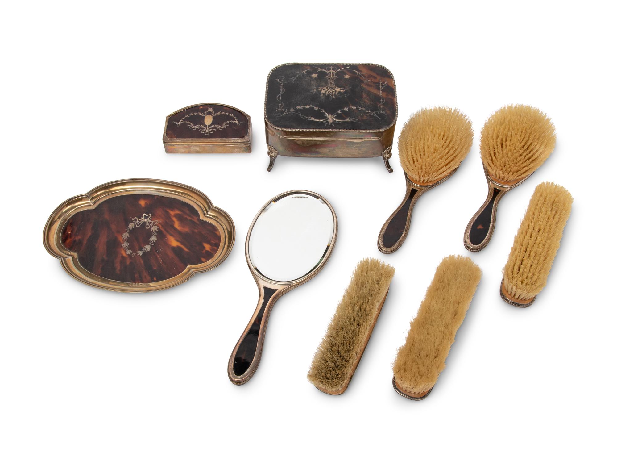 An Edwardian Silver and Faux Tortoise Shell Ten-Piece Dresser Set