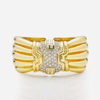 A 14K Yellow Gold and Platinum Wide Cuff Bracelet