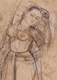 An Indian Drawing of a Court Lady, India, Rajasthan, 18th-19th Century 十八-十九世紀 印度拉賈斯坦邦仕女圖細密畫