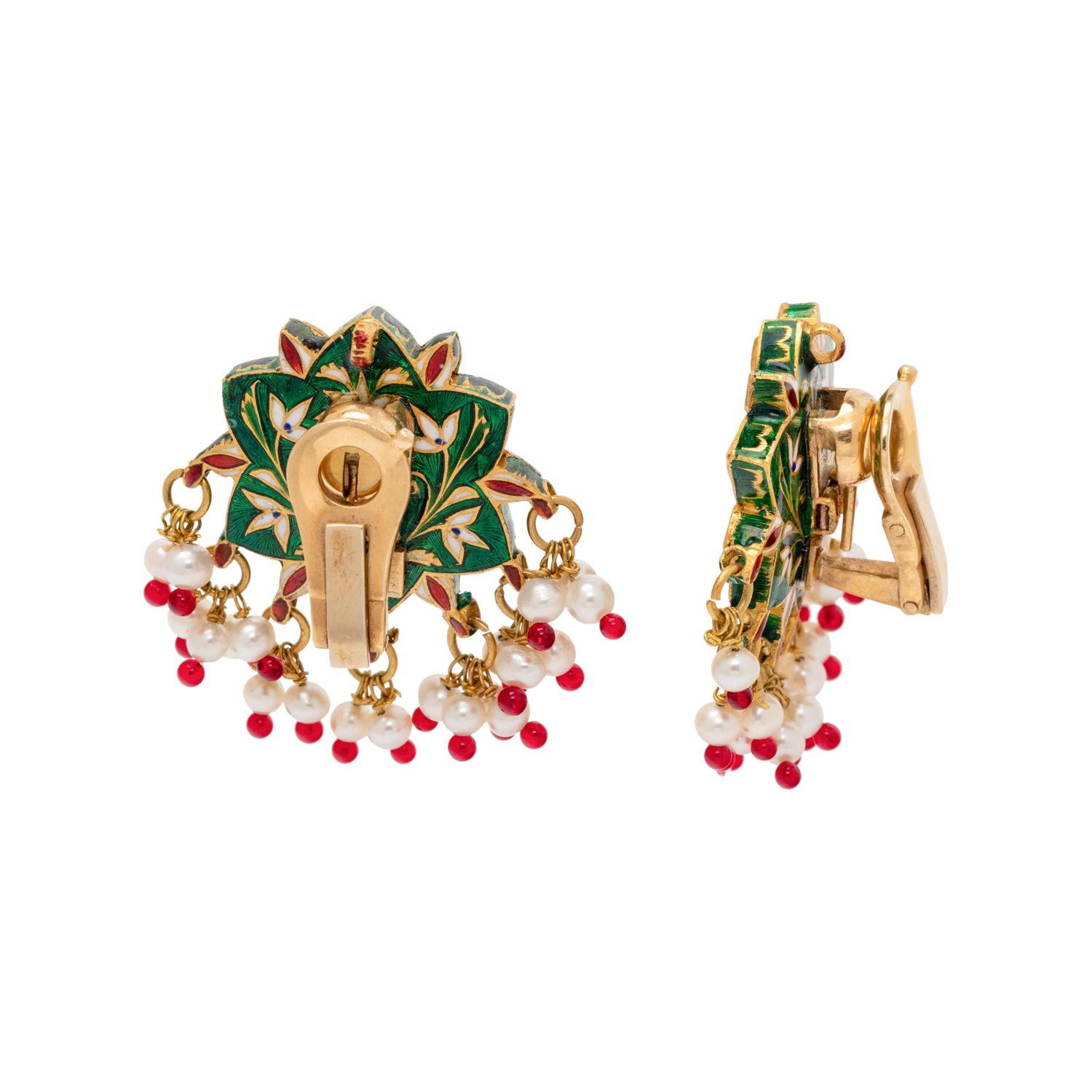 KUNDAN, DIAMOND, ENAMEL AND CULTURED PEARL EARCLIPS