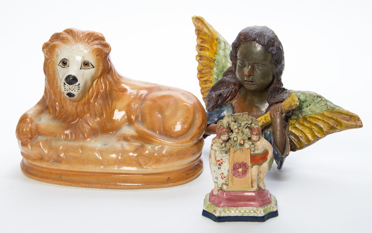 A Group of Three Pottery Articles Height of lion 9 inches.