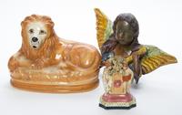 A Group of Three Pottery Articles Height of lion 9 inches.