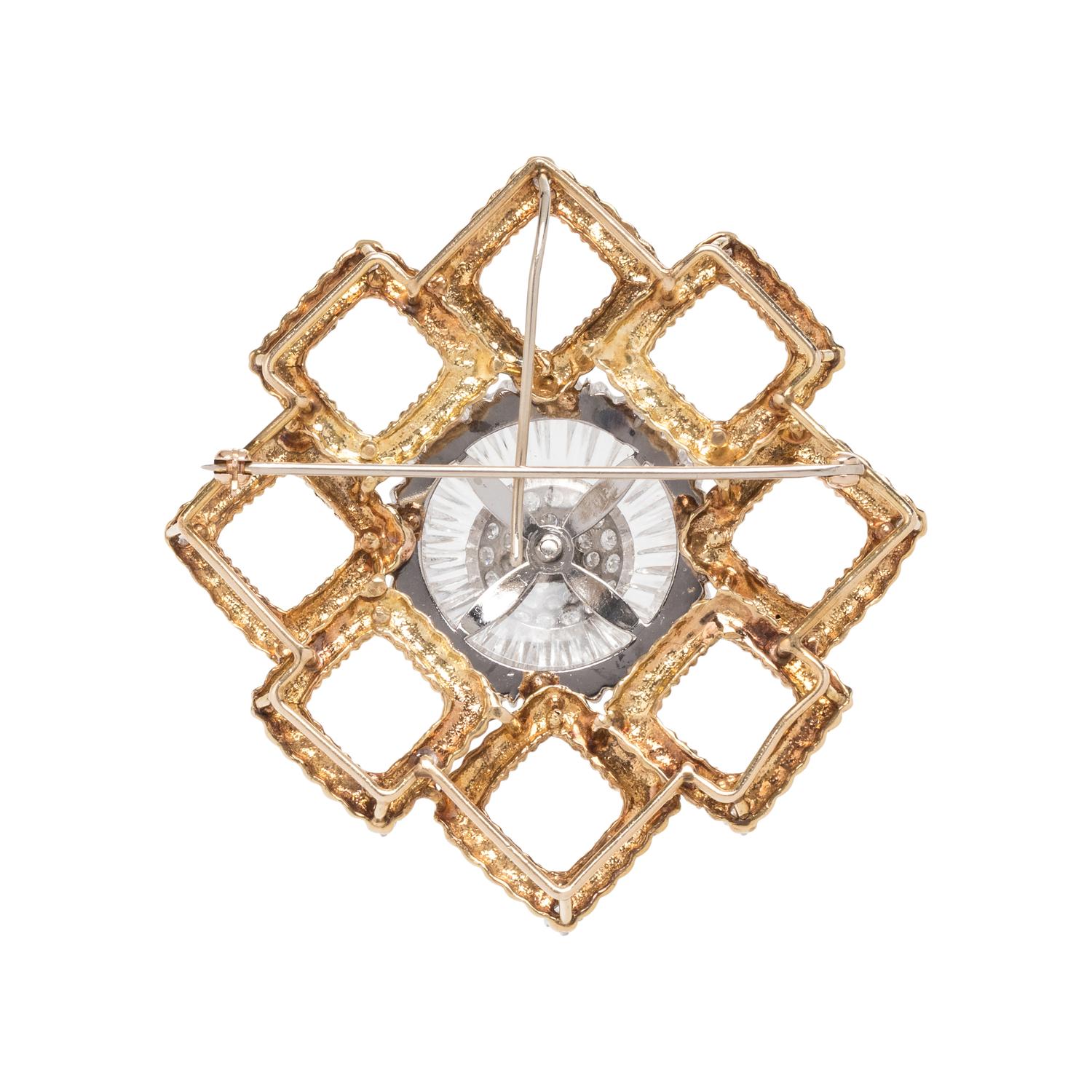 YELLOW GOLD, ROCK CRYSTAL AND DIAMOND BROOCH
