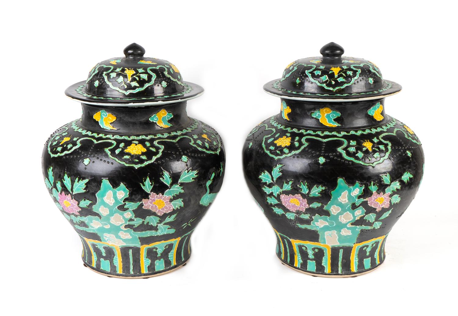 A Pair of Large Chinese Fahua Pottery Covered Jars