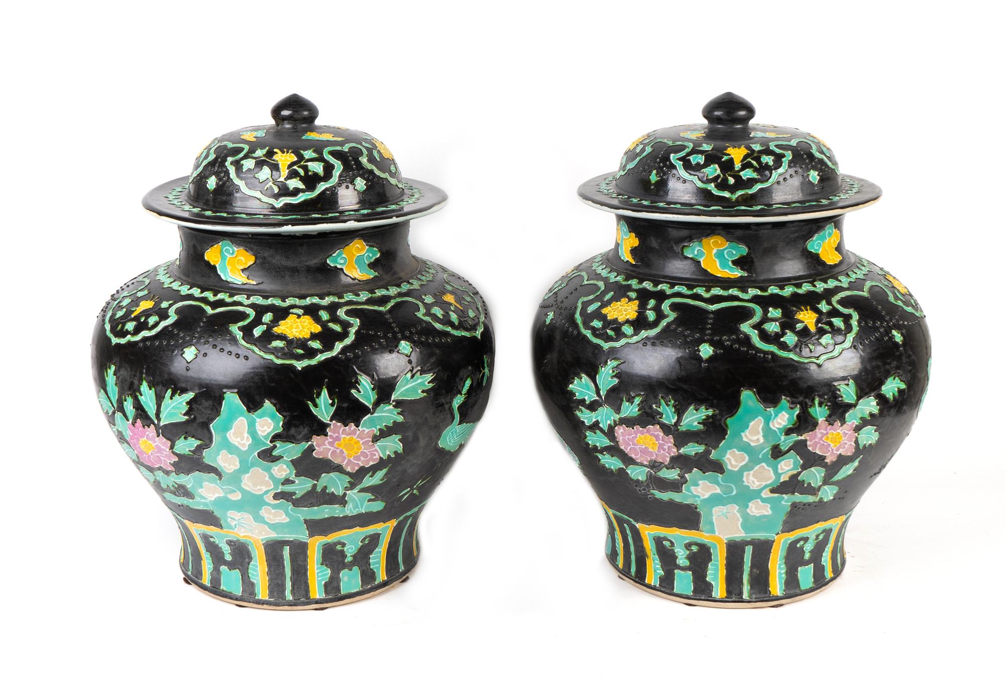 A Pair of Large Chinese Fahua Pottery Covered Jars