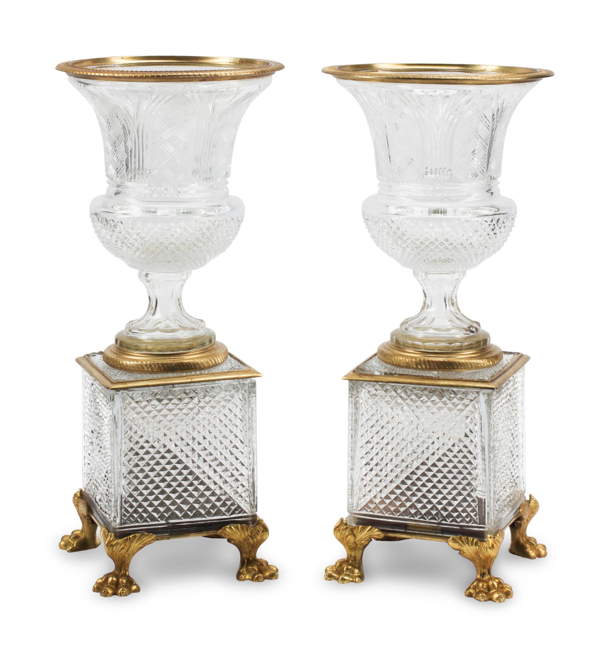 A Pair of French Gilt-Bronze Mounted Cut Glass Urns