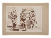 [NATIVE AMERICANS]. Cabinet card of Kiowa-Comanche Reservation leaders Silverhorn, Anko, and Comanche Jack. [Oklahoma, I.T.]: [Irwin], ca 1890s.