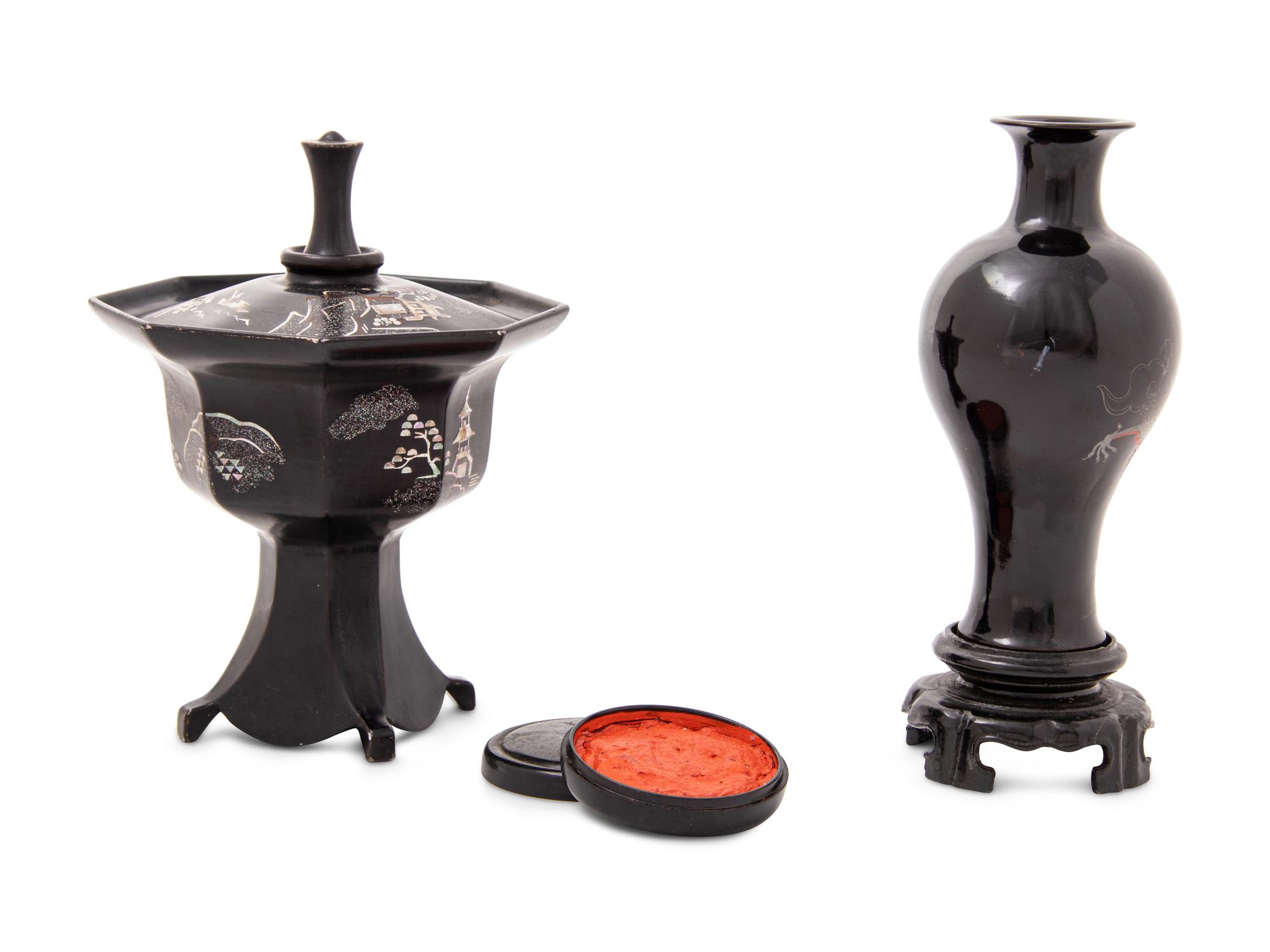 Three Chinese Mother-of-Pearl Inlaid Black Lacquered Wares