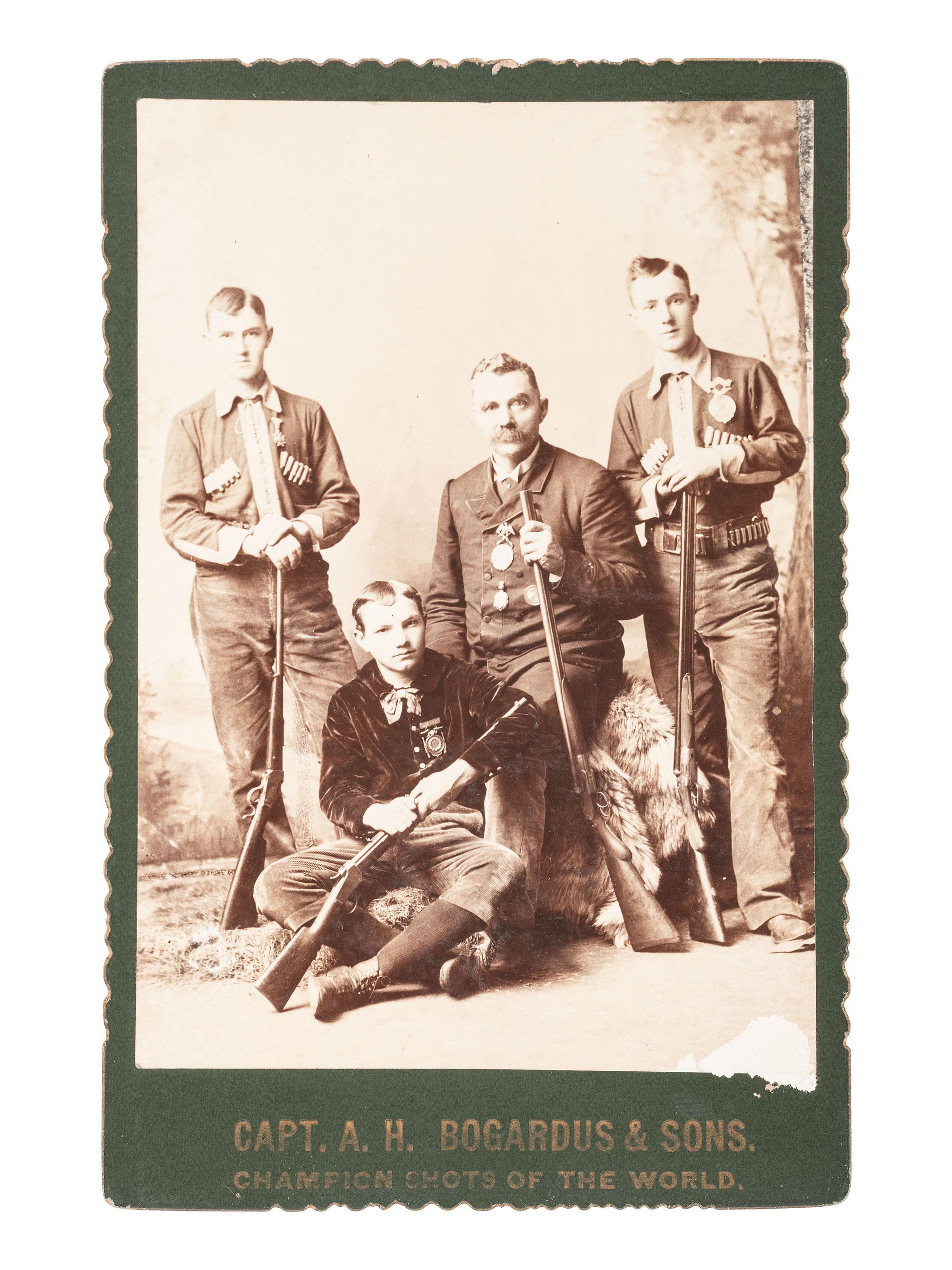 [WILD WEST SHOWS]. 4 cabinet cards of performers, incl. famed trap shooter A.H. Bogardus & his sons.