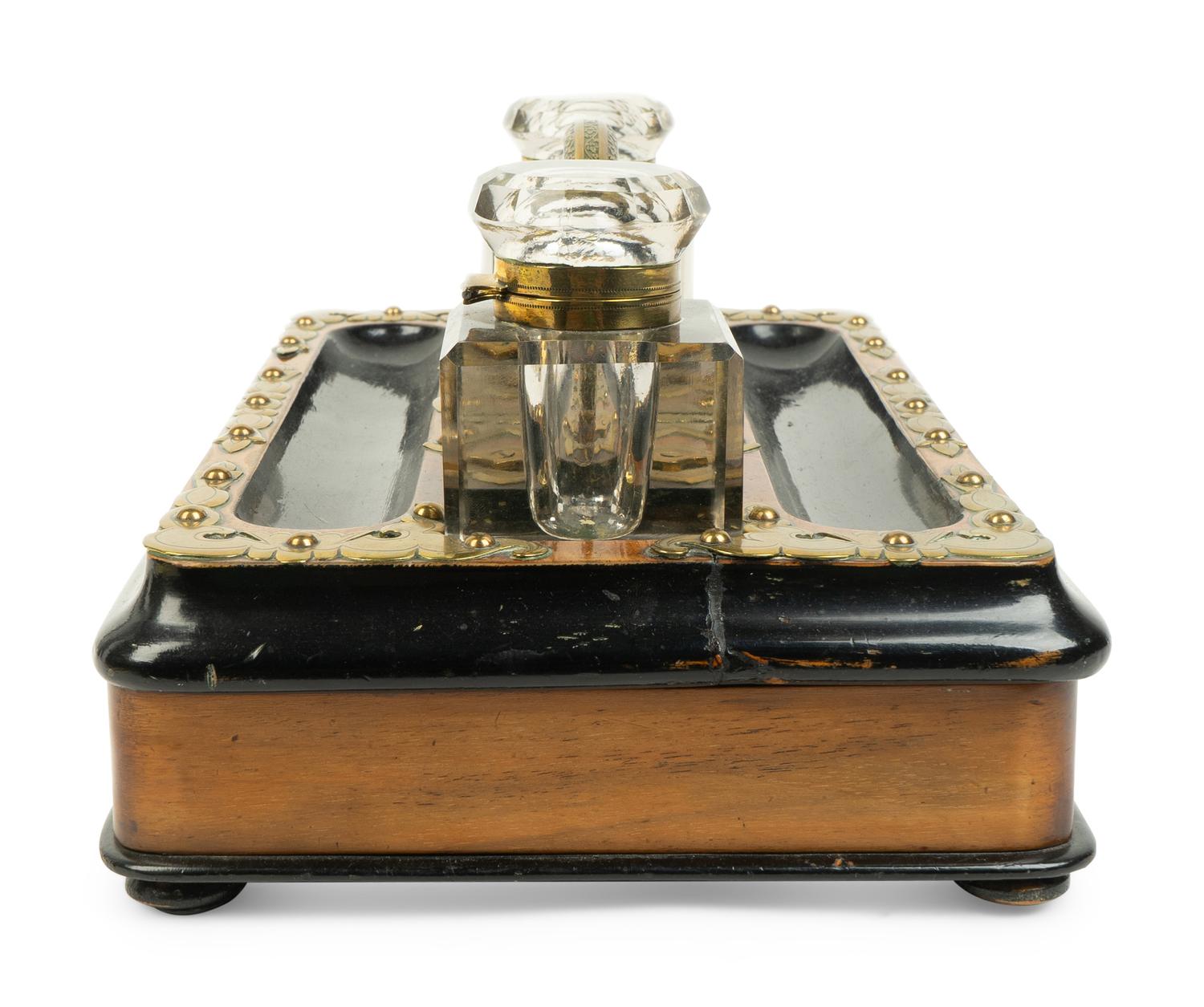 An English Brass Mounted Oak Inkwell — CIRCA 1860