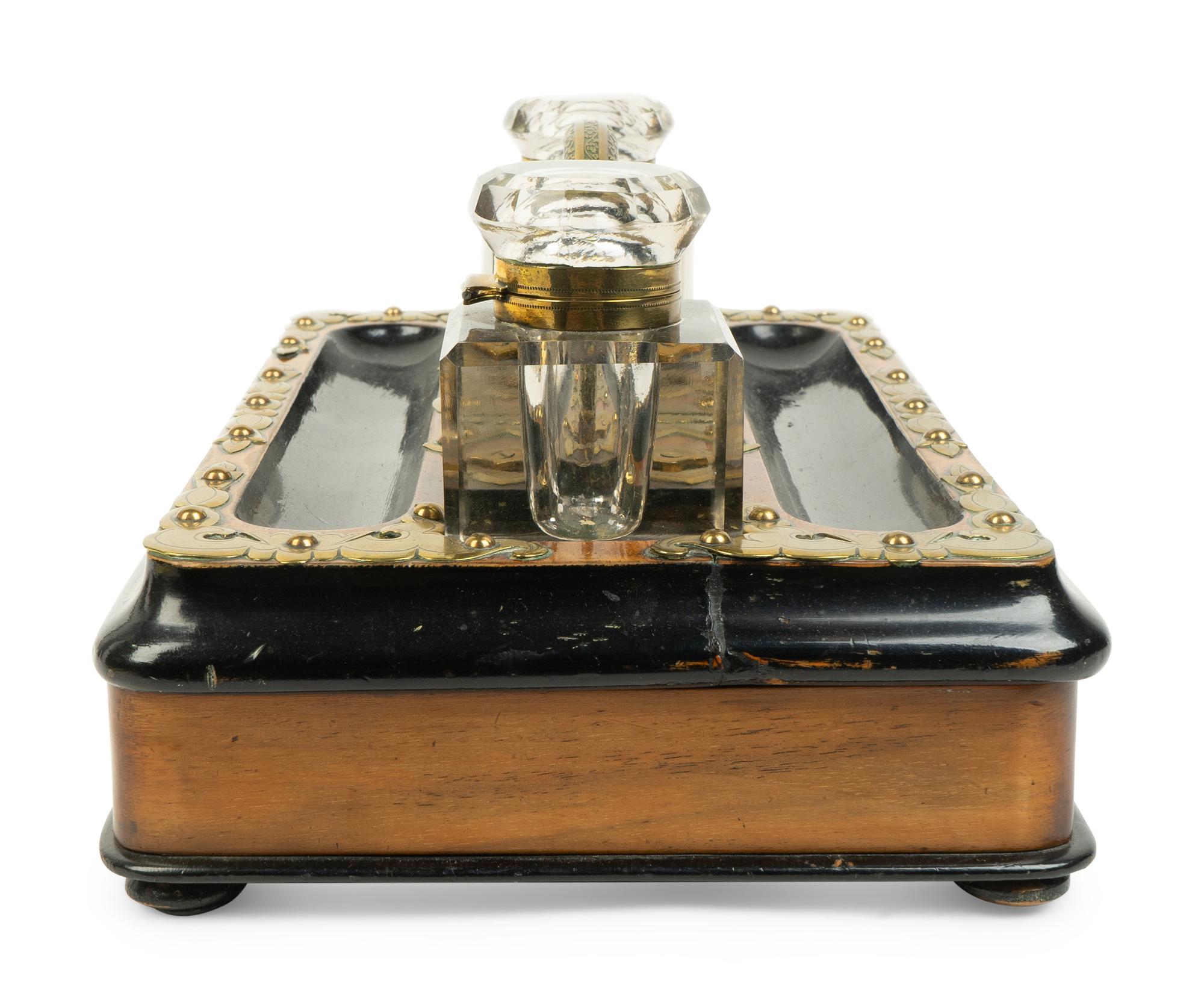 An English Brass Mounted Oak Inkwell — CIRCA 1860