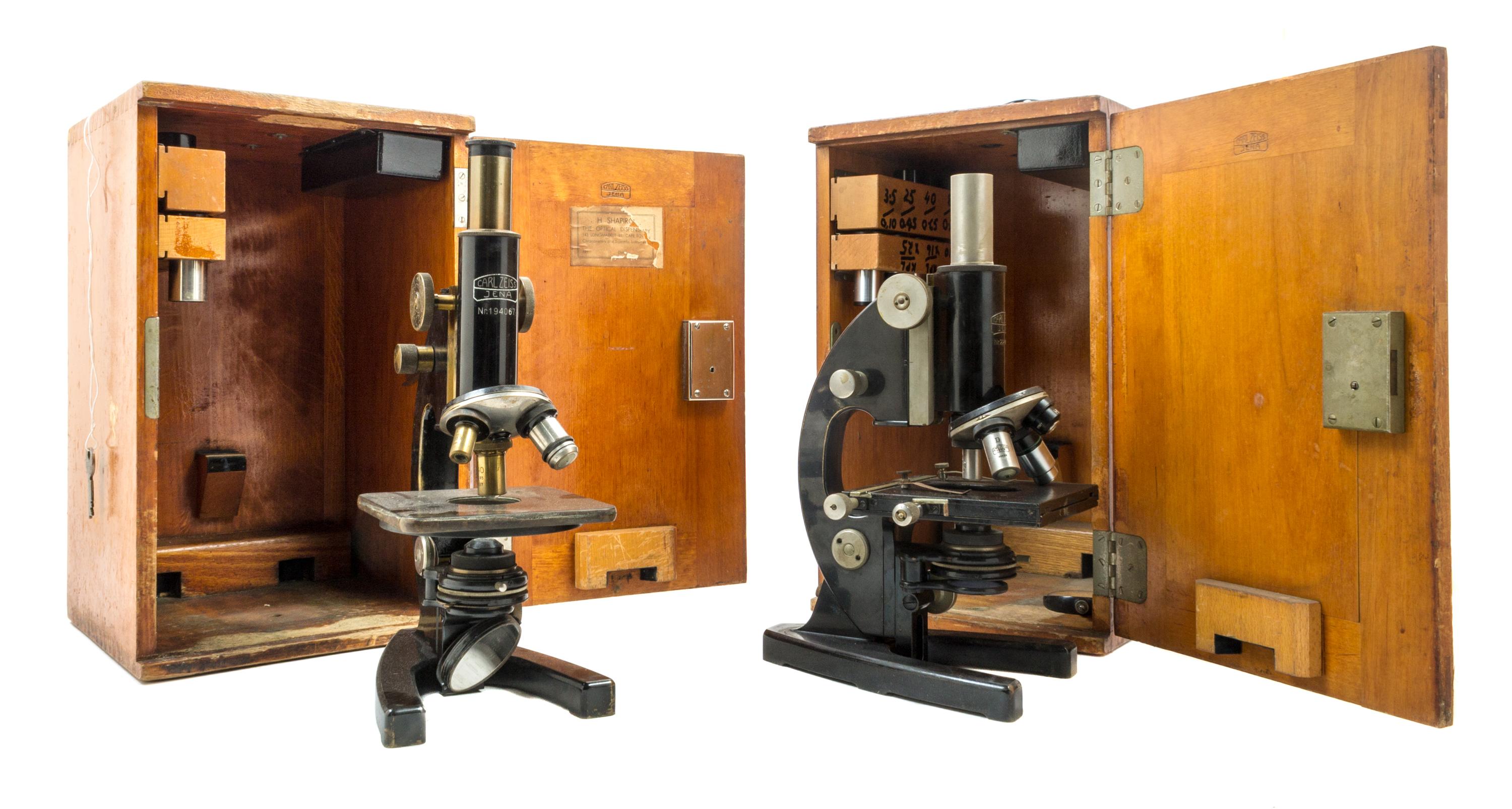 Two German Black Lacquered Microscopes Height of taller 12 inches. — CARL ZEISS, 20TH CENTURY