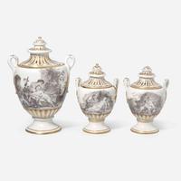 A Frankenthal garniture of three covered potpourri vases circa 1771