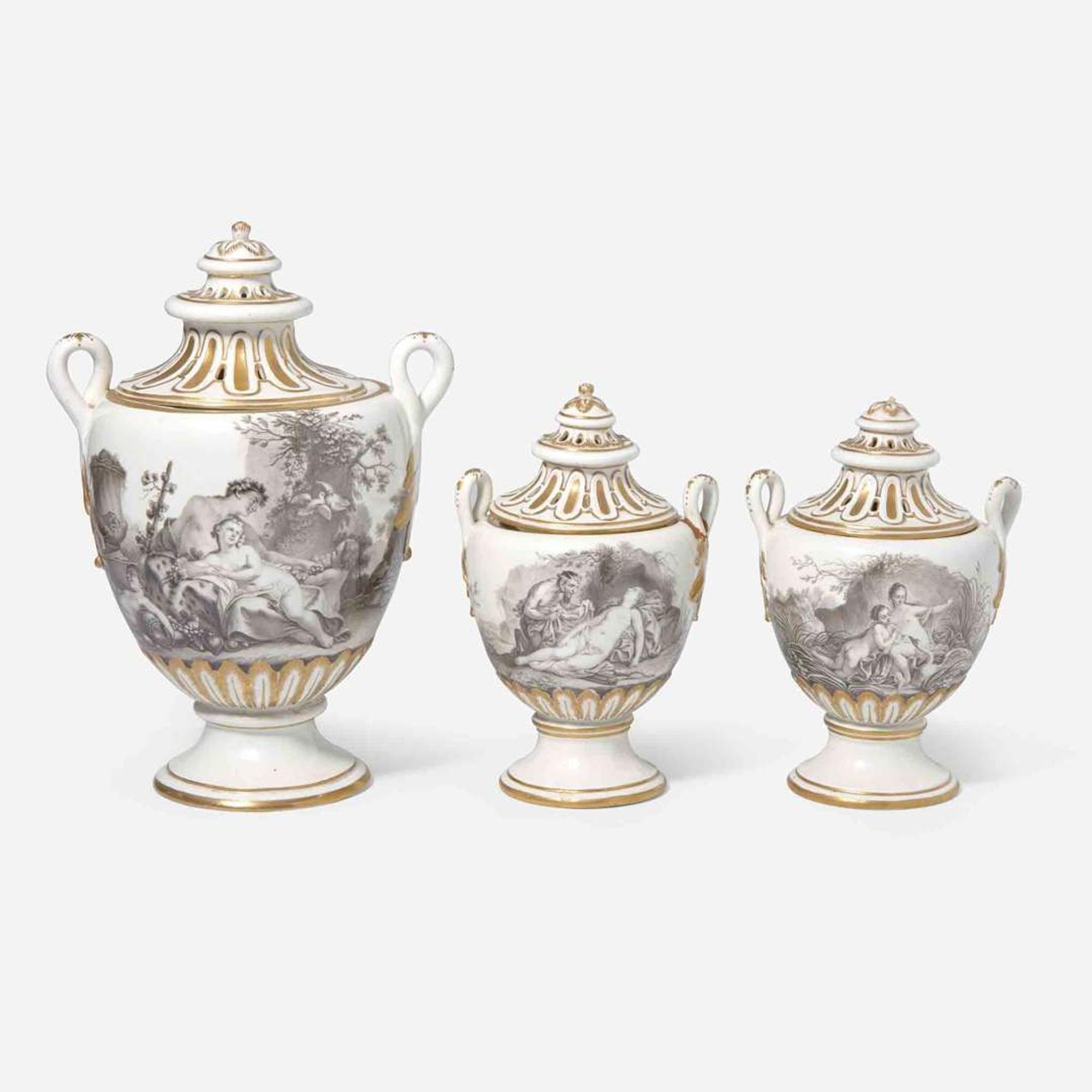 A Frankenthal garniture of three covered potpourri vases circa 1771