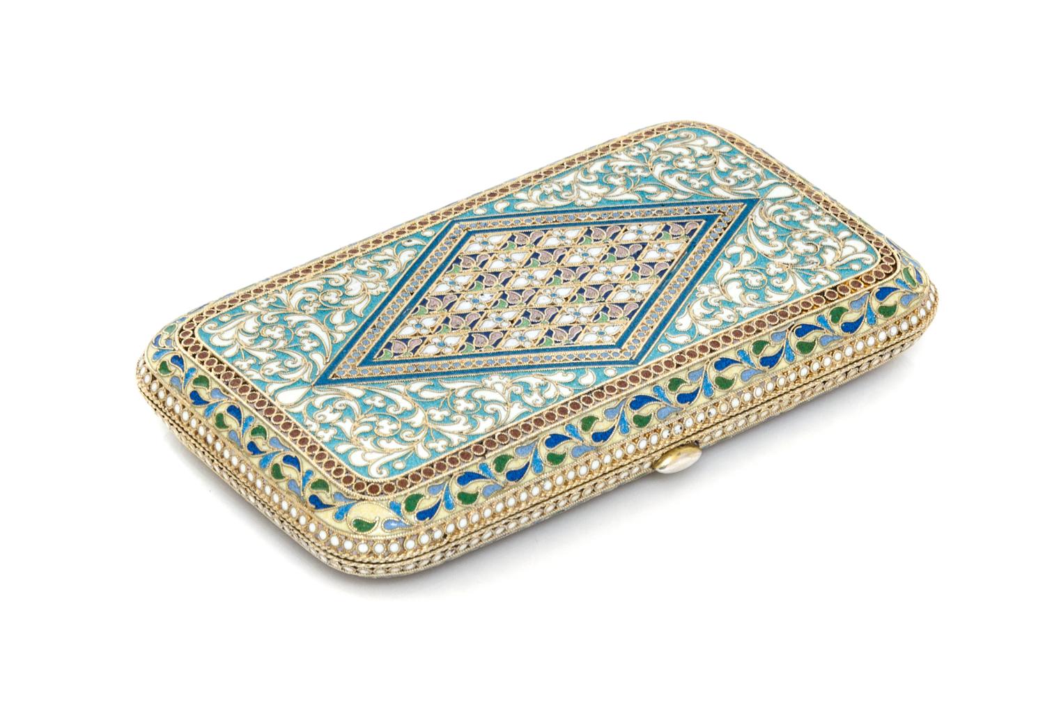 A Russian Enameled Silver-Gilt Cigarette Case, Mark of Pavel Ovchinnikov with Imperial warrant, Moscow, late 19th century, the case dec