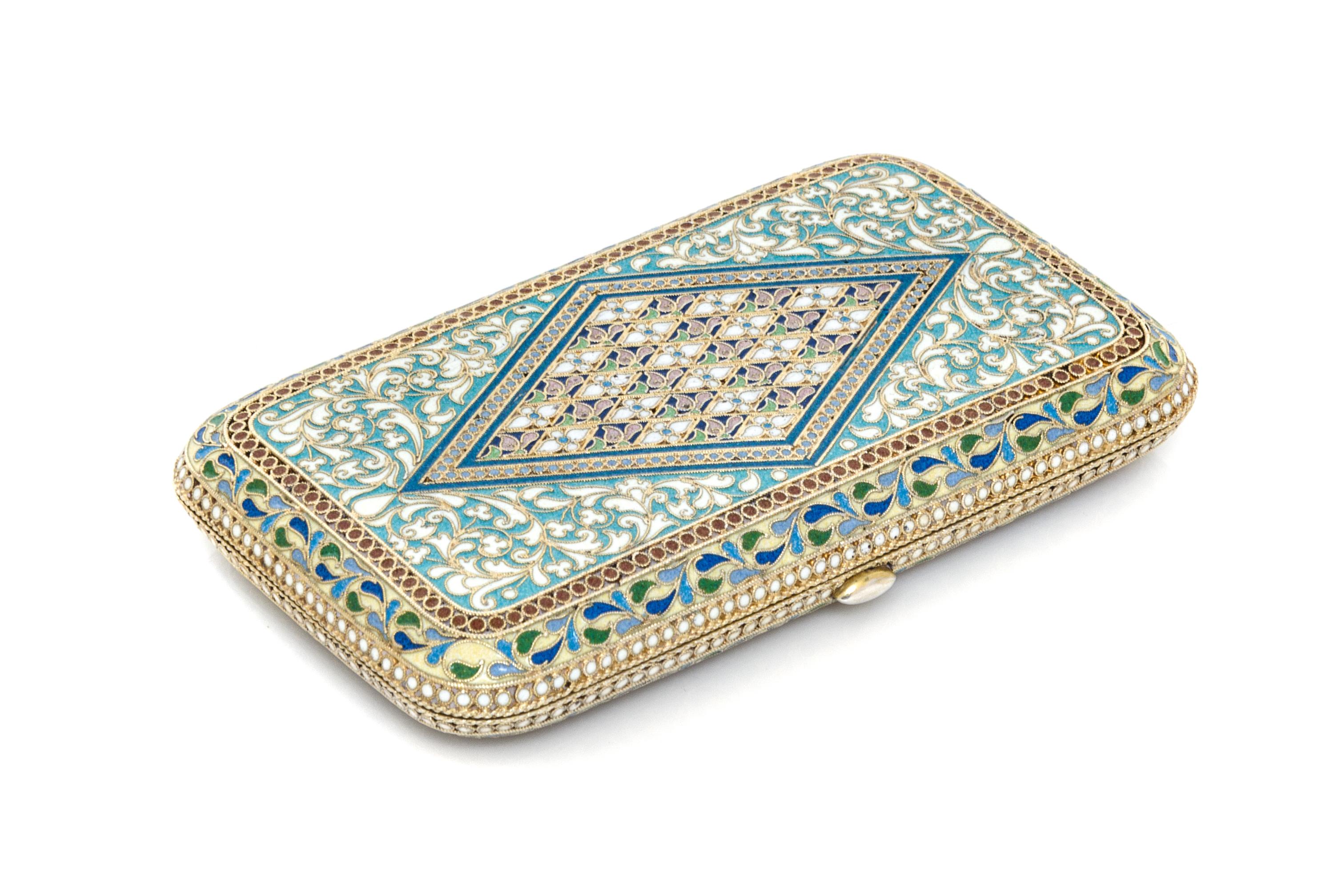 A Russian Enameled Silver-Gilt Cigarette Case, Mark of Pavel Ovchinnikov with Imperial warrant, Moscow, late 19th century, the case dec