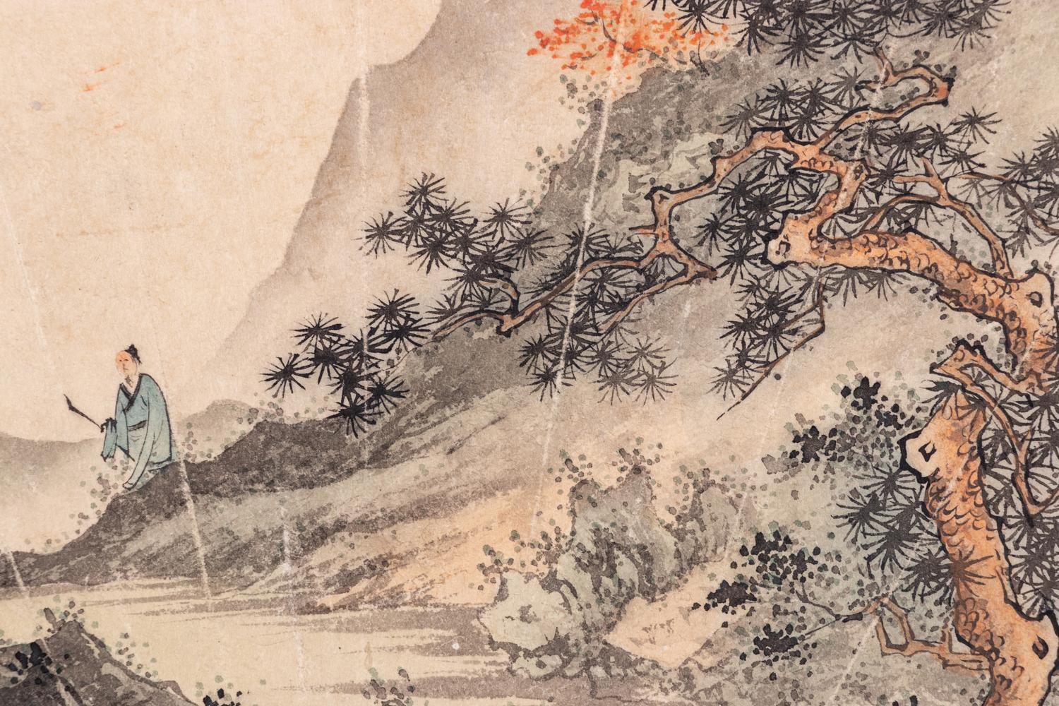 Four 'Landscape' Ink and Color on Paper Folding Fan Leaves
