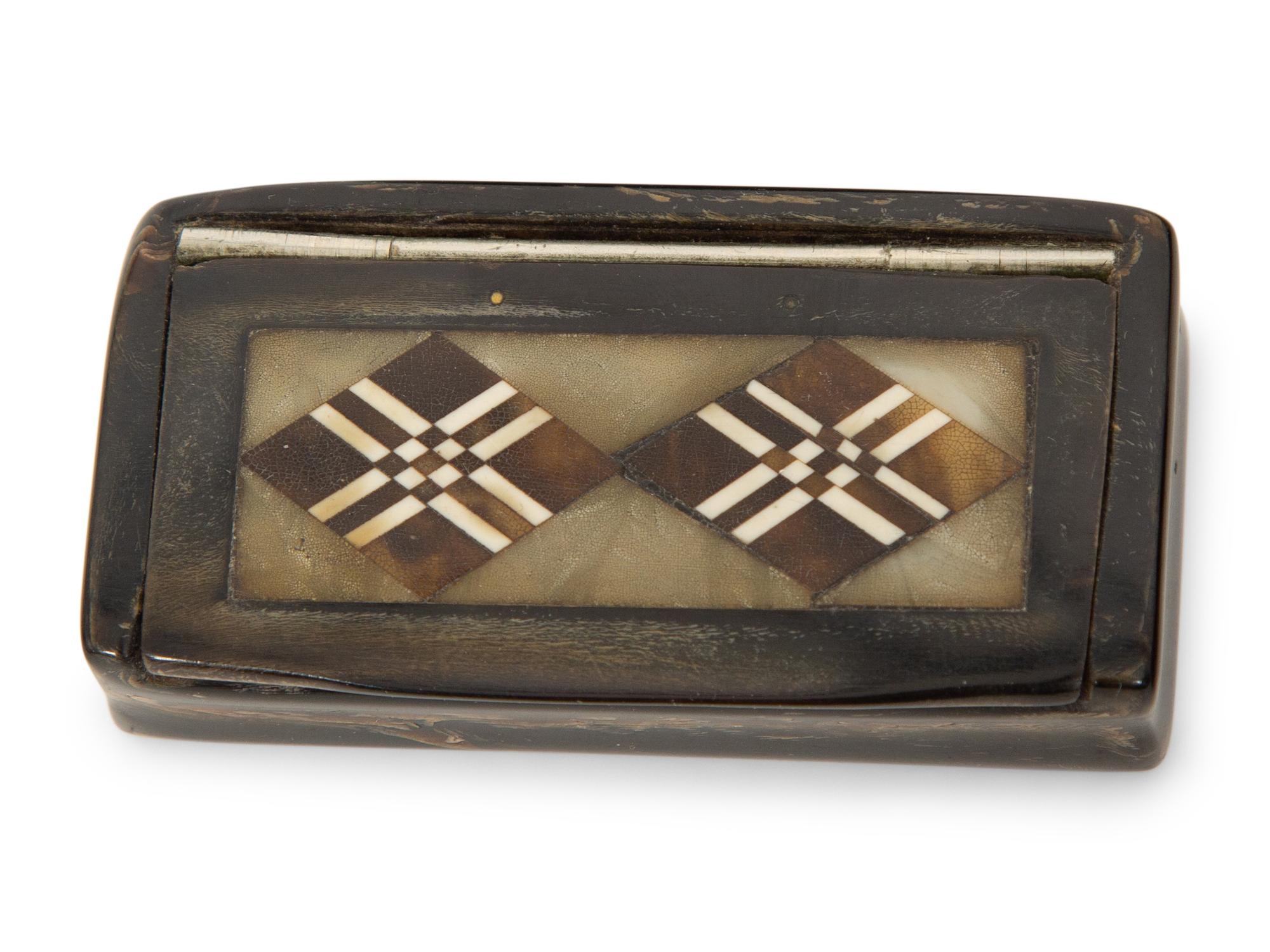 A Group of Six English Carved and Inlaid Horn Snuff Boxes and Cases