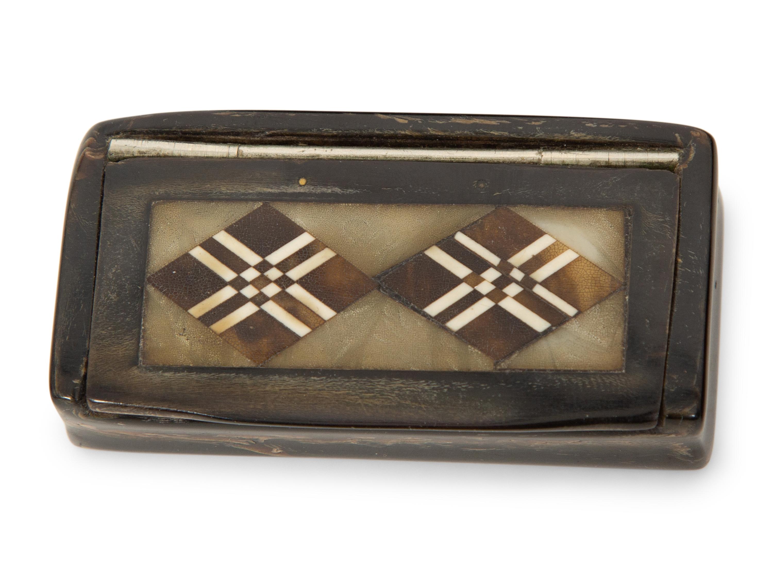 A Group of Six English Carved and Inlaid Horn Snuff Boxes and Cases