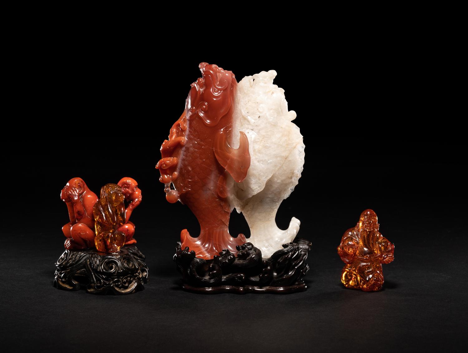 Two Chinese Amber Carvings and An Agate Carving of Double Fish