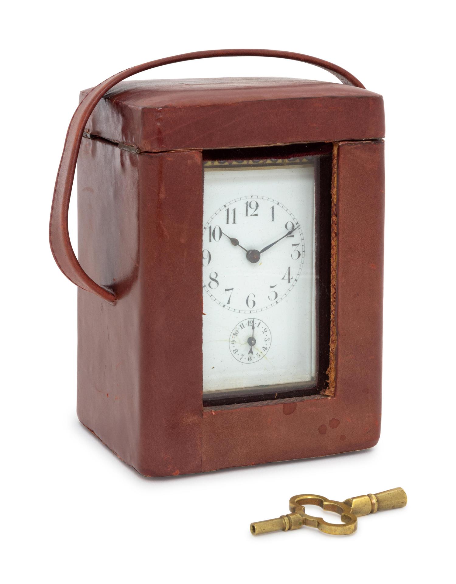 A French Brass and Champleve Enamel Carriage Clock with a Leather Case — 20th Century