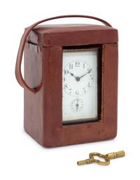 A French Brass and Champleve Enamel Carriage Clock with a Leather Case — 20th Century