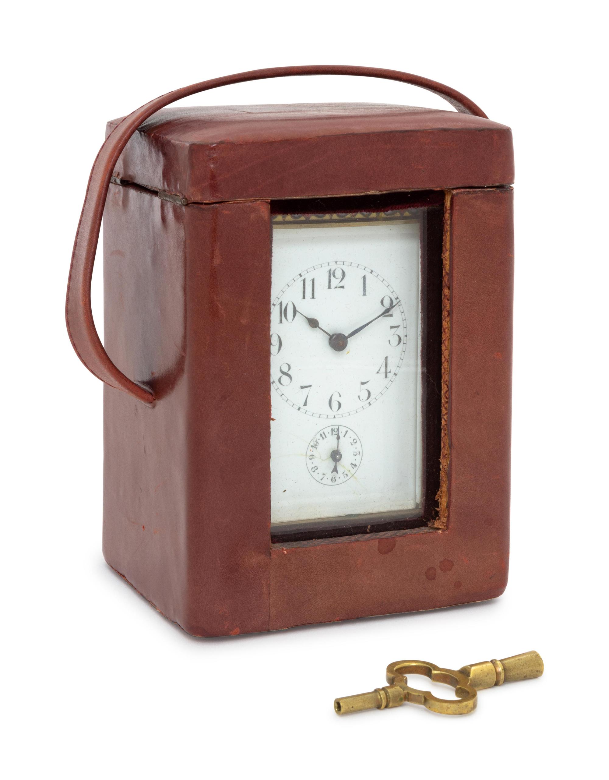 A French Brass and Champleve Enamel Carriage Clock with a Leather Case — 20th Century
