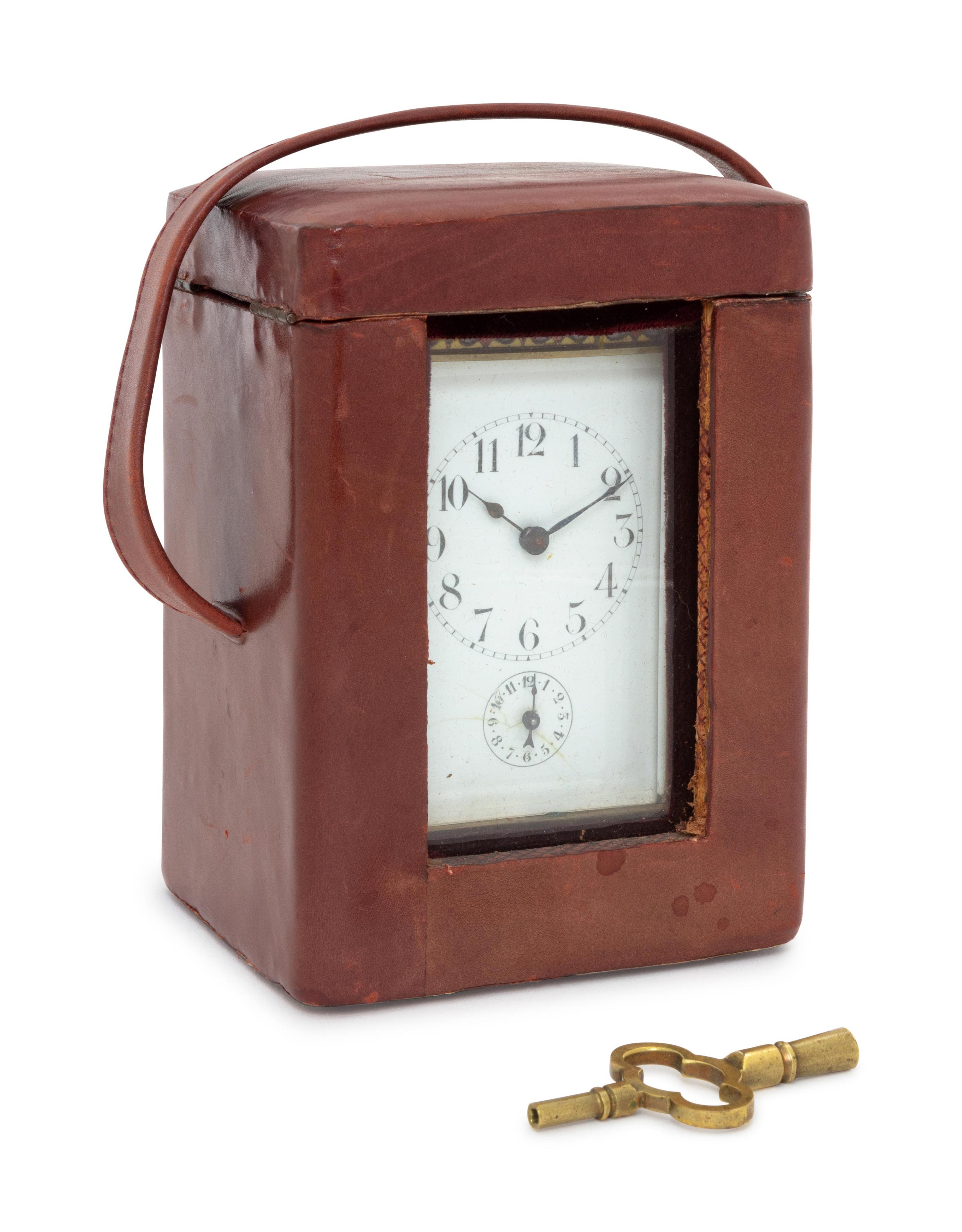 A French Brass and Champleve Enamel Carriage Clock with a Leather Case — 20th Century