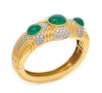 An 18 Karat Yellow Gold, Platinum, Emerald and Diamond Bangle Bracelet, Montreaux, 57.55 dwts.