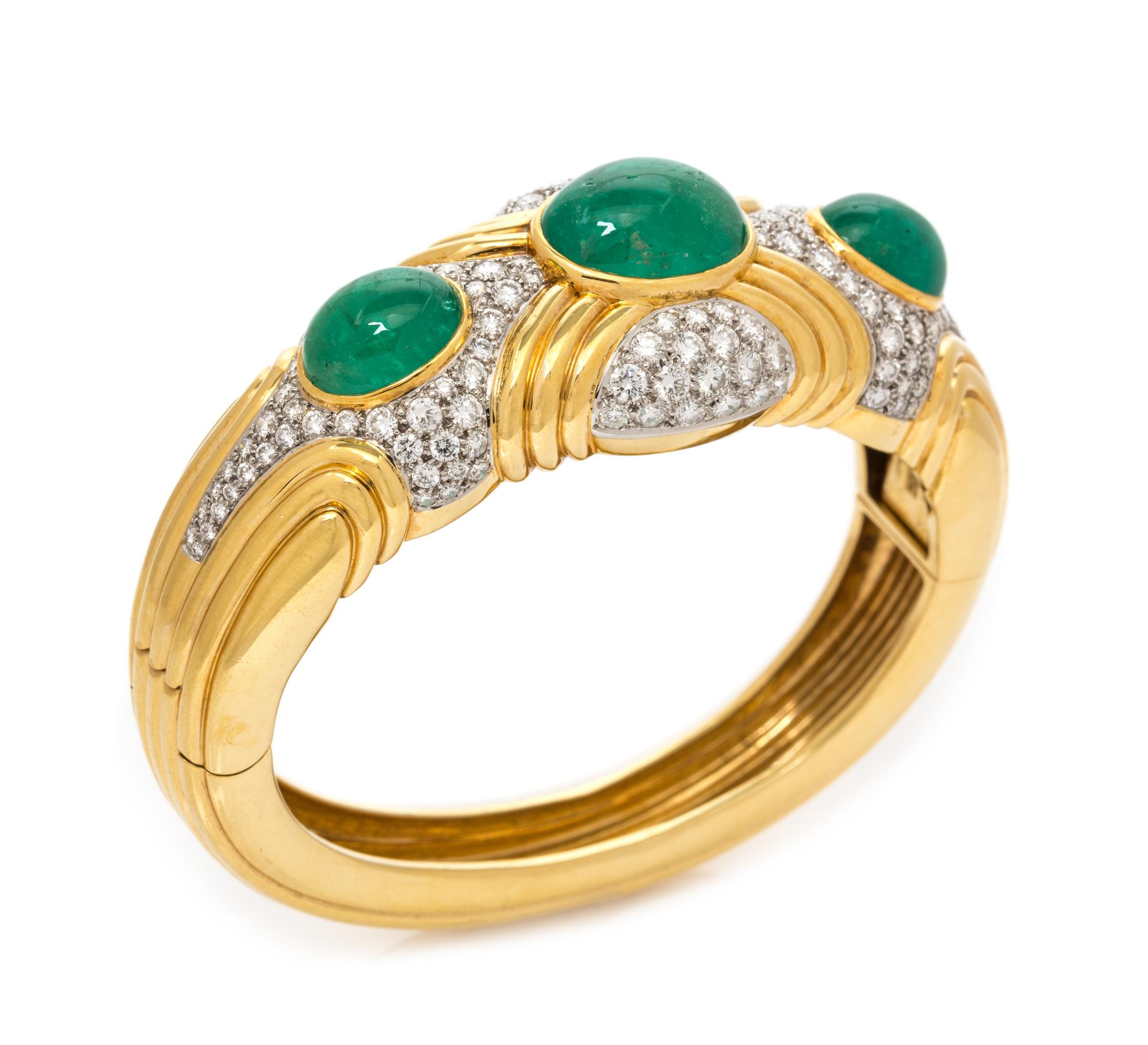 An 18 Karat Yellow Gold, Platinum, Emerald and Diamond Bangle Bracelet, Montreaux, 57.55 dwts.